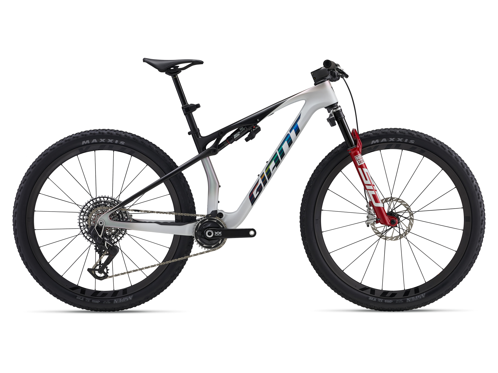 Giant Anthem Advanced SL SE MTB, Fullsuspension in weiss-schwarz mit roter Gabel, Seitenansicht