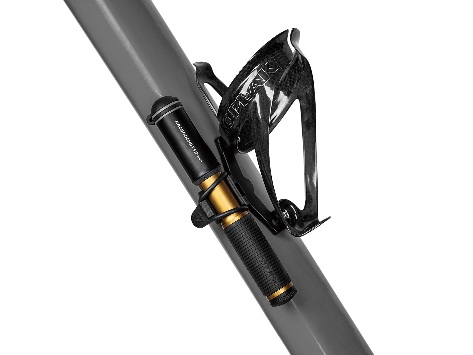  Topeak RaceRocket HP Mini Minipumpe in Schwarz/Gold mit Rahmenhalterung zur Befestigung.