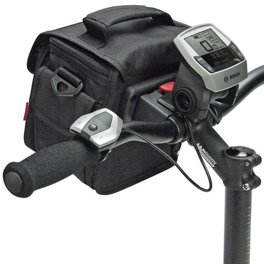  Klickfix MultiClip E Displayhalter in Schwarz am Velolenker mit montiertem E‑Bike‑Display und Tasche.
