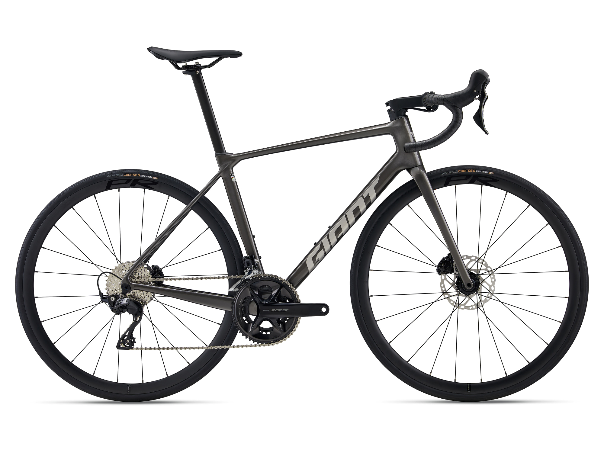 Giant Rennrad TCR Advanced 2 KOM aus Carbon in dunkel anthrazit mit hellgrauer Aufschrift, Komponenten Schwarz mit Shimano 105, Seitenansicht