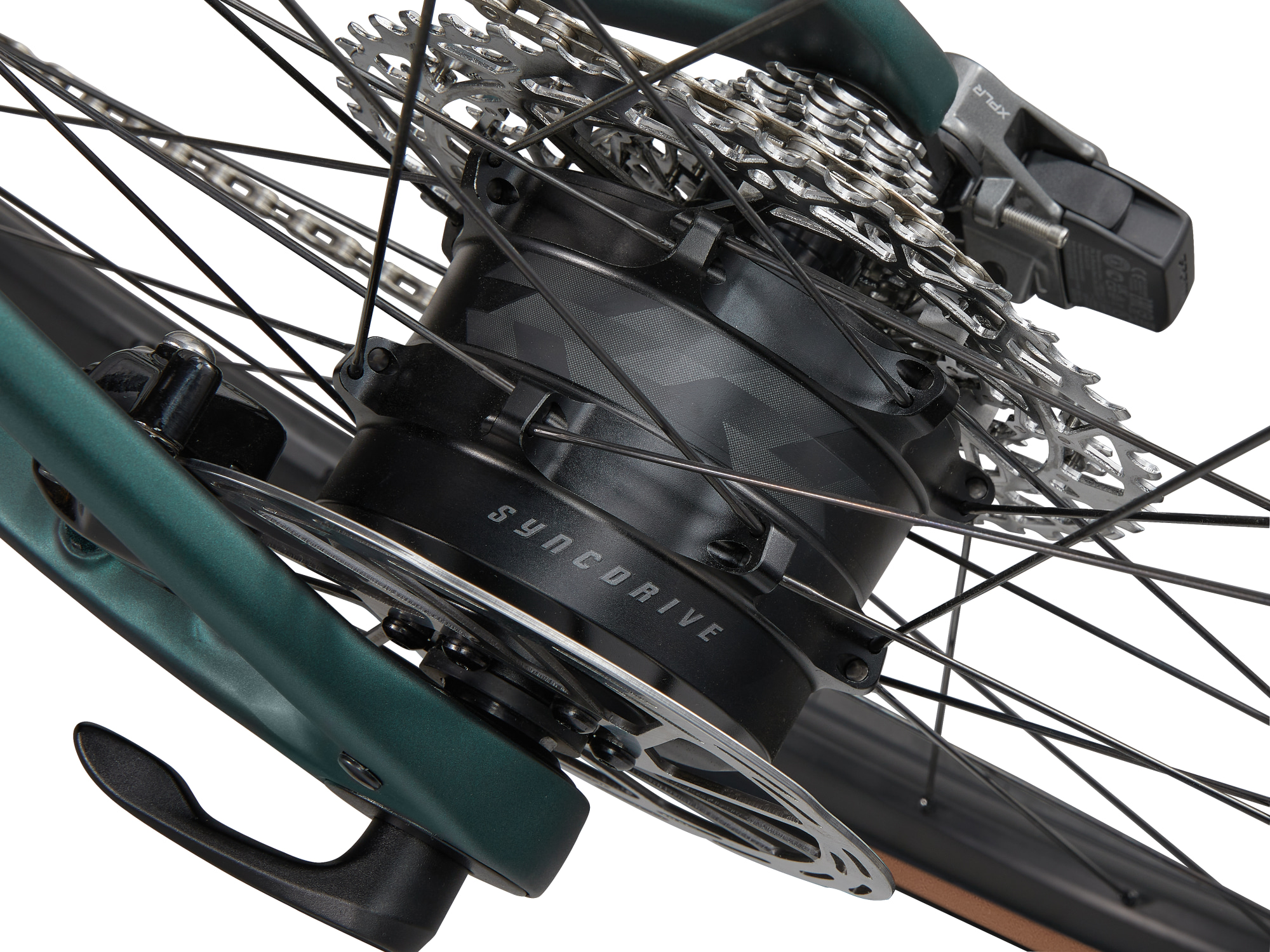 Detailaufnahme Hinterrad des Giant Defy Advanced E+ Elite AR 1 mit SyncDrive Nabenmotor und Kassette.