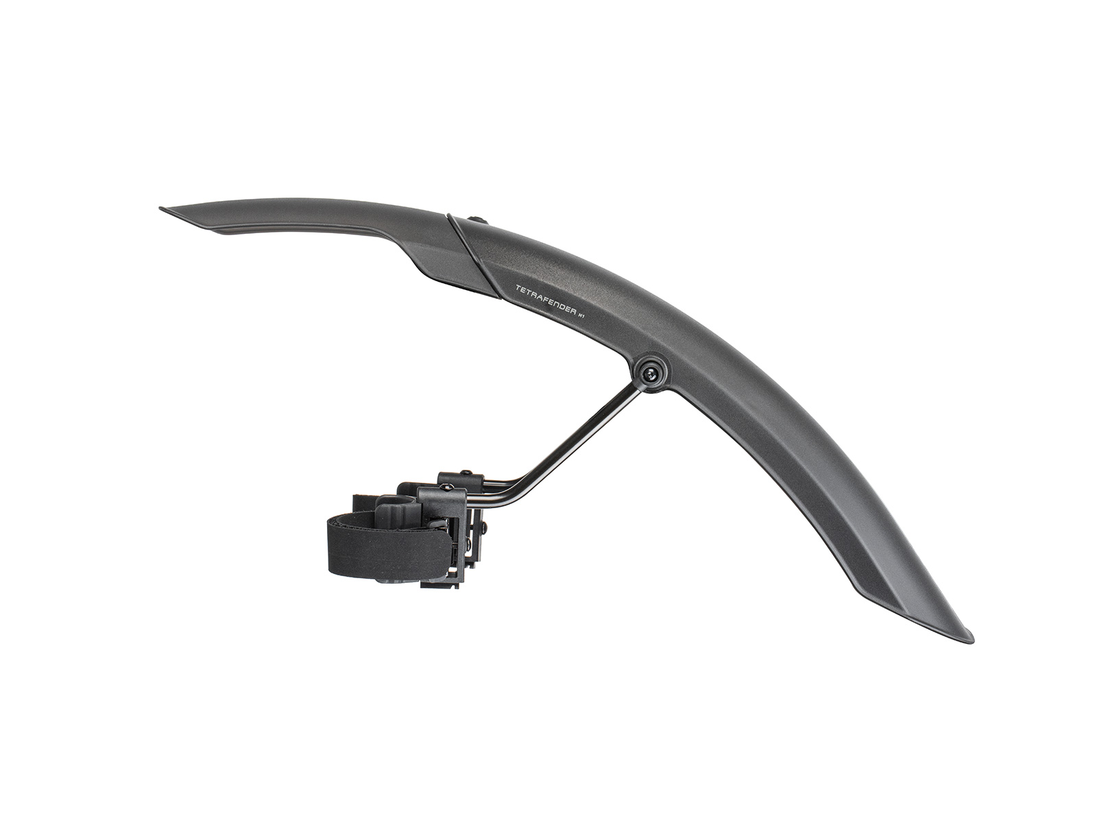 Topeak TetraFender M1 Schutzblech in Profilansicht, Klettgurte und Aluminiumstreben deutlich sichtbar.