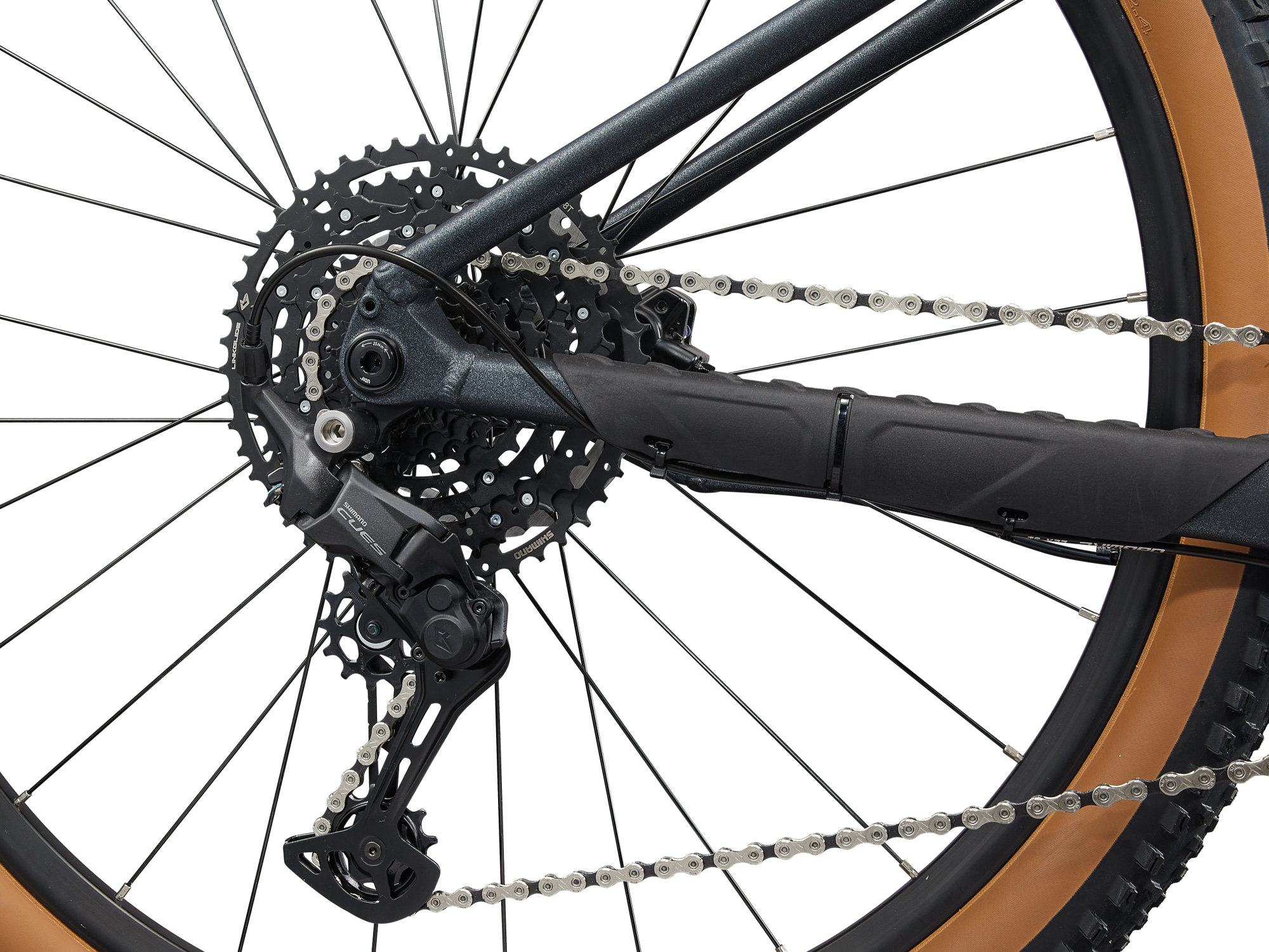 Liv Damen-MTB Hardtail in dunklem grau mit hellblauer Aufschrift, Detailansicht auf Schaltwerk