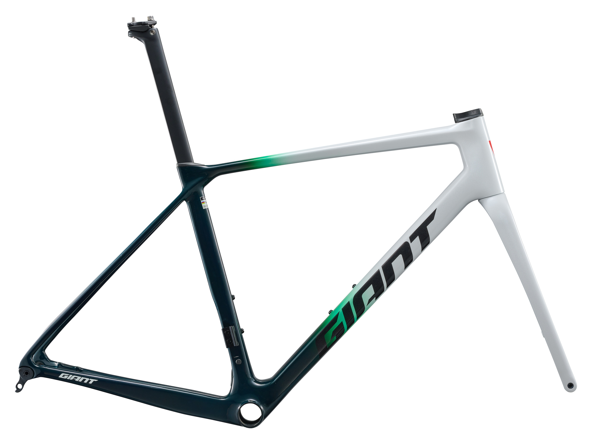 Giant Rahmendset TCR-Advanced aus Carbon mit Gabel und Sattelstütze, Farbe weiss in grün überlaufend, Seitenansicht