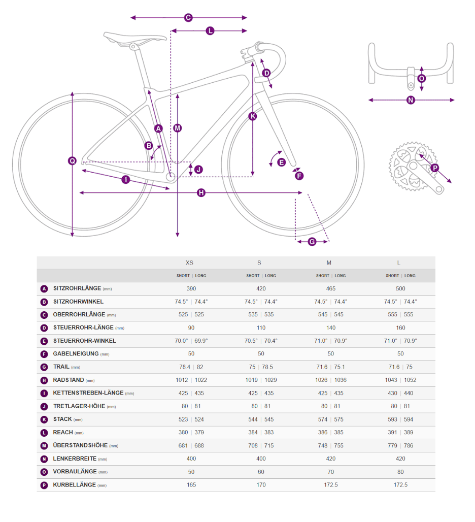 Geometriedaten in Tabellenform mit Legende für das Liv Devote Advanced Gravelbike