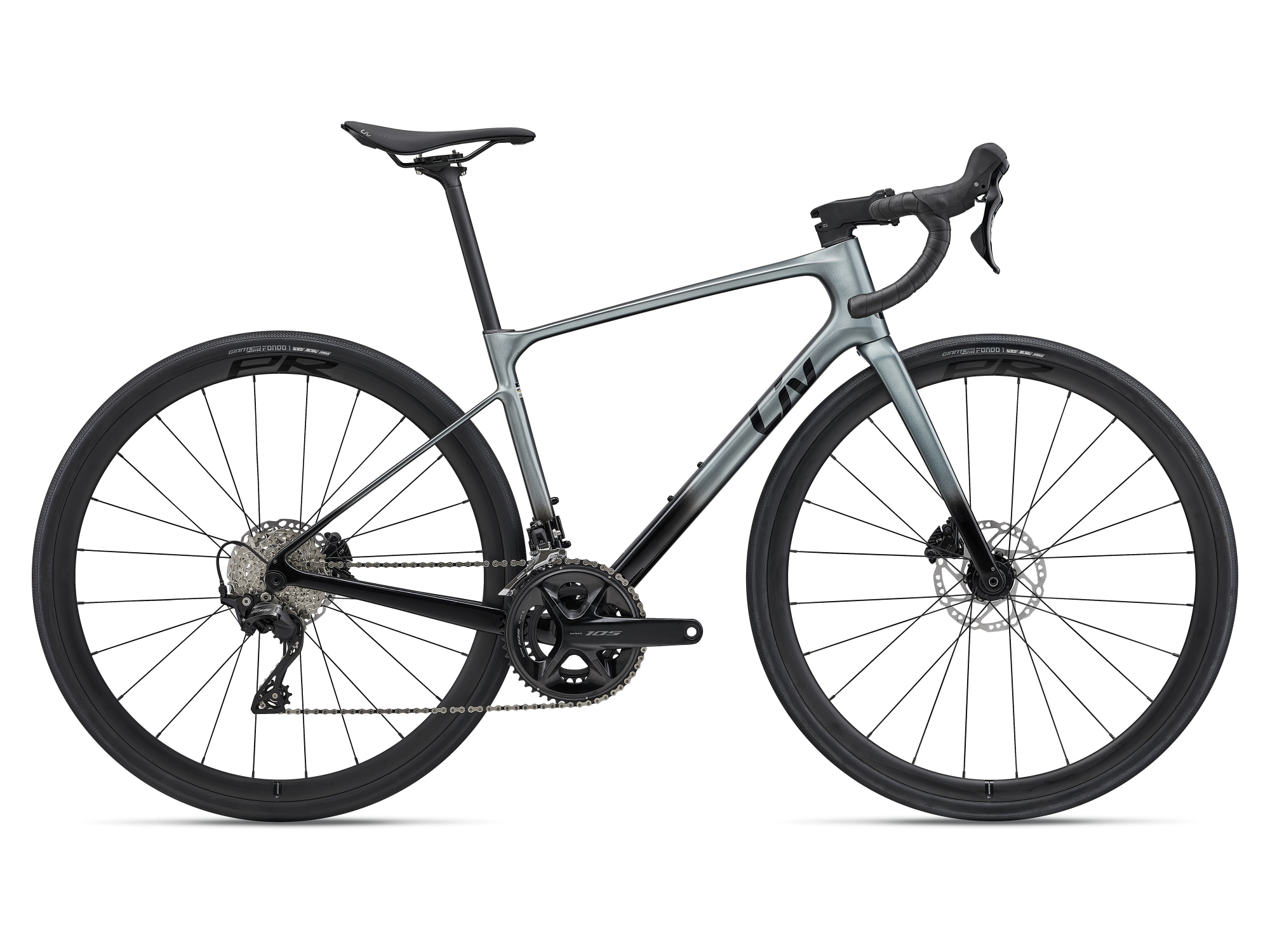 Liv Avail Advanced 2 Rennrad in Silver Pine Black mit Scheibenbremsen in Seitenansicht.
