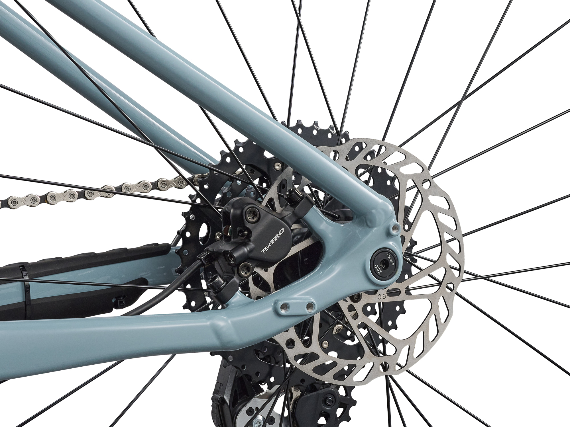 Giant Talon 1 Hardtail-Mountainbike in Dusty Blue mit Scheibenbremse in Detailaufnahme.
