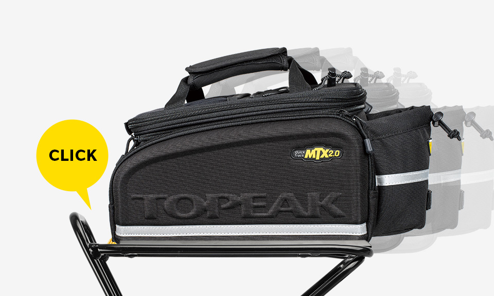 Standard-Gepäckträger mit Topeak Gepäckträgertasche mit QuickTrack  MTX 2.0 System. In einer gelben Sprechblase steht "Click"