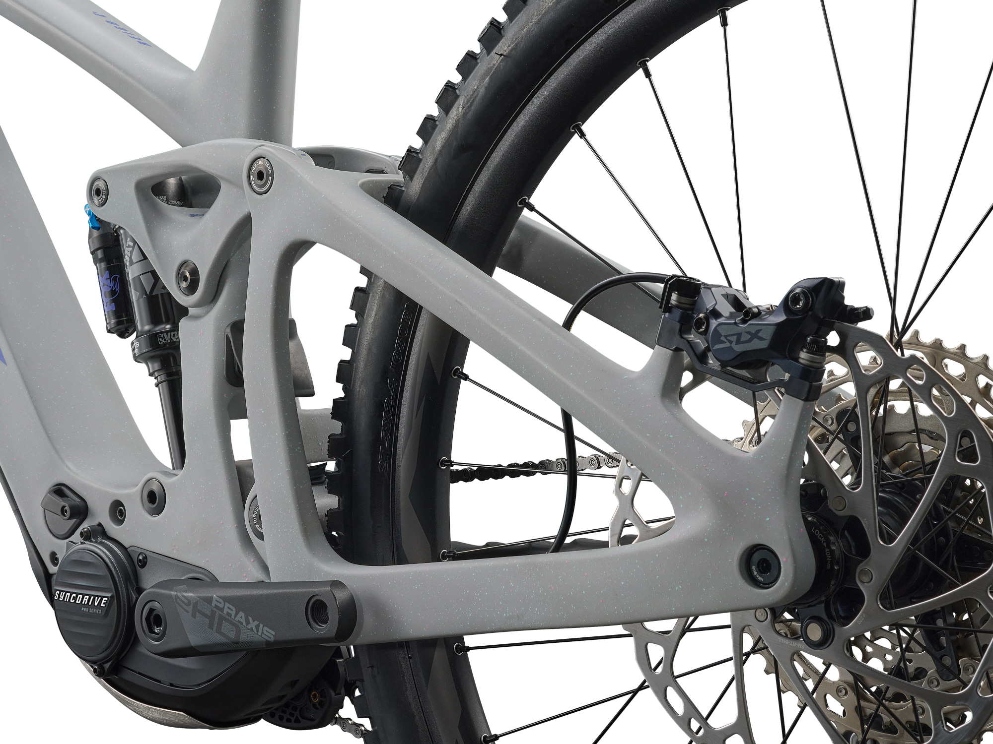 E-MTB Giant Reign Advanced E-Plus in hell grau,  Detailansicht Hinterbau mit Scheibenbremse