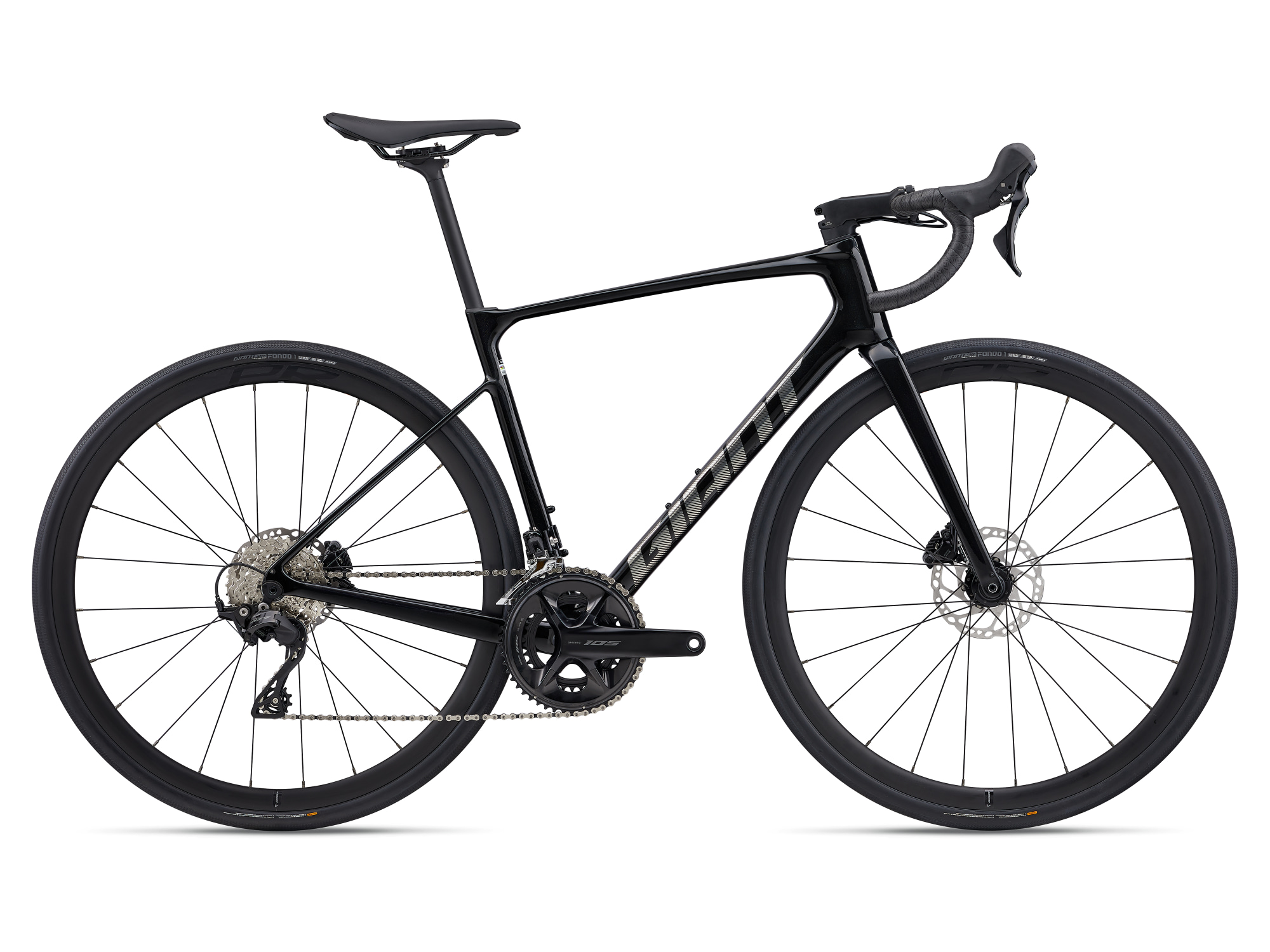 Schwarze Rennrad der Marke Giant, Modell Defy Advanced 2 mit Carbonrahmen, Ansicht von der Seite