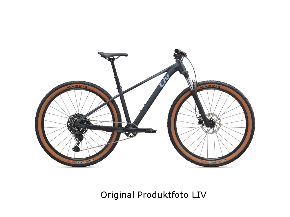 Liv Damen-MTB Hardtail in dunklem grau mit hellblauer Aufschrift, Seitenansicht