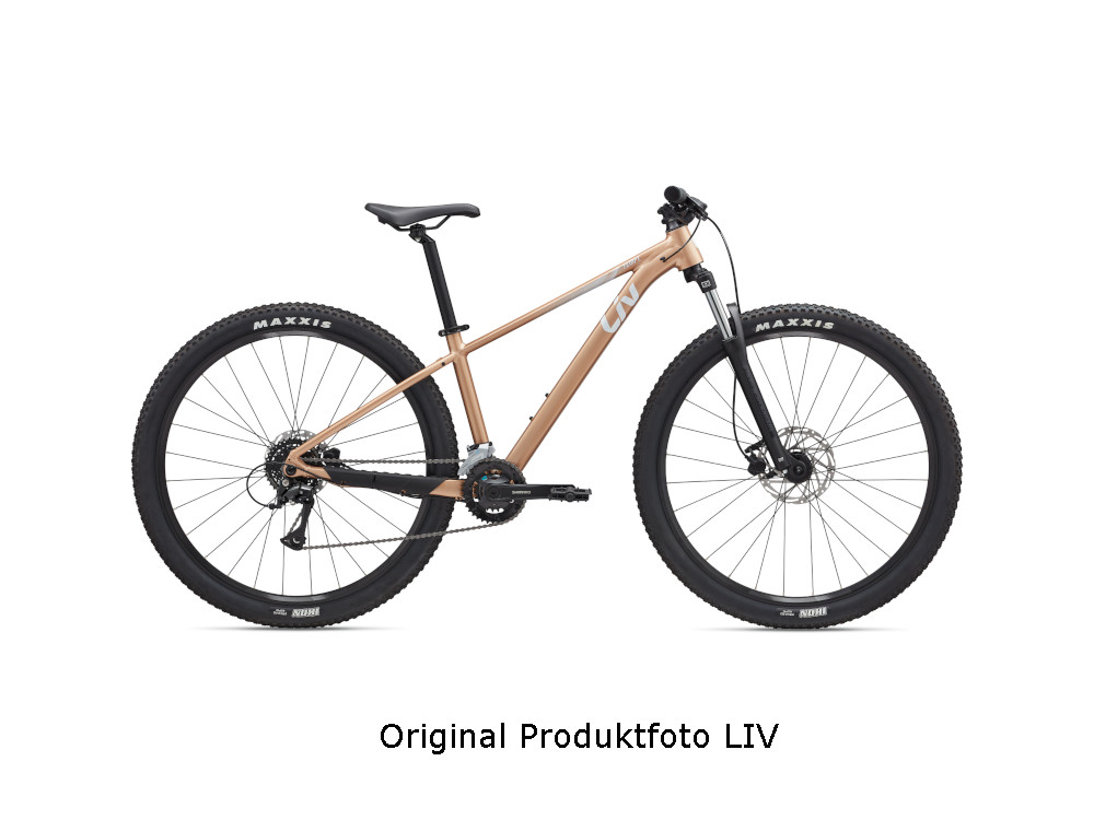 Liv Damen-MTB Hardtail in hellem bronze mit weisser aufschrift und schwarzen Komponenten, Seitenansicht