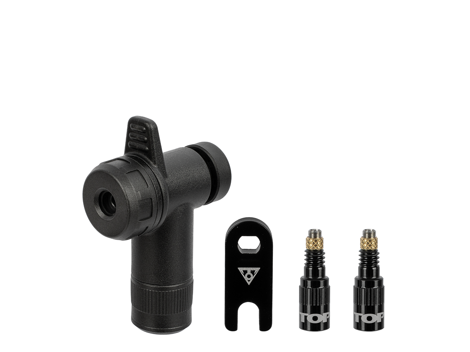 Produktfoto eines schwarzen RapidHead-Pumpenkopfes, eines kleinen schwarzen Werkzeugs und zwei kurzer schwarzer Ventileinsätze mit goldfarbenen Ventilkappen, auf weißem Hintergrund.