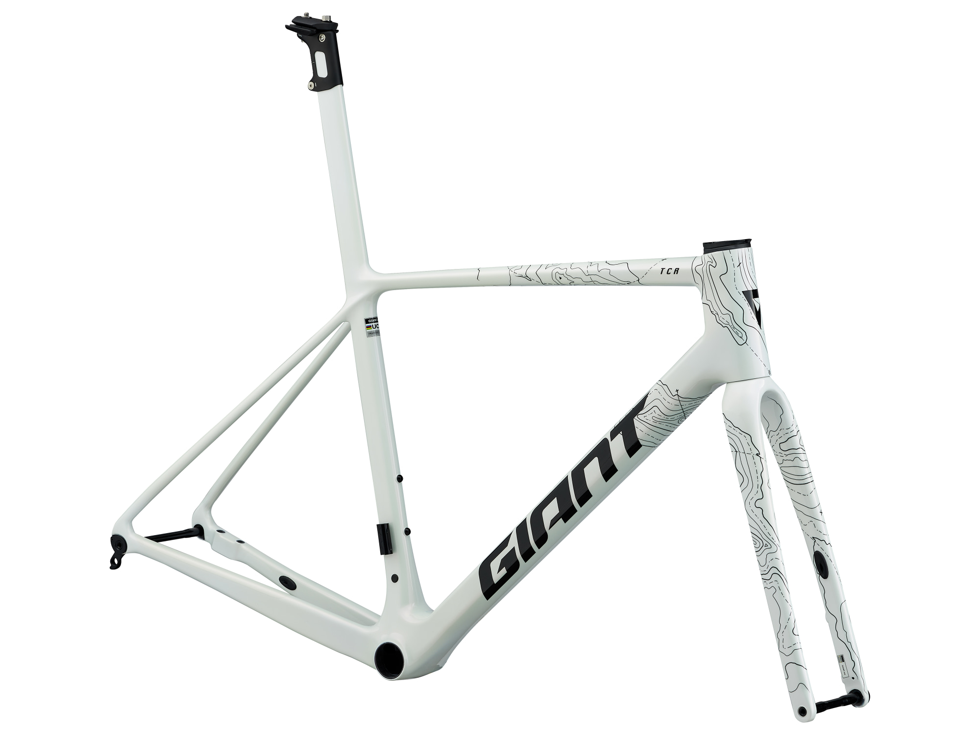 Giant Rennrad-Rahmen und Gabel, TCR Advanced SL aus Carbon in weiss mit schwarzer Aufschrifft und geographischen Linien, Ansicht von schräg vorne