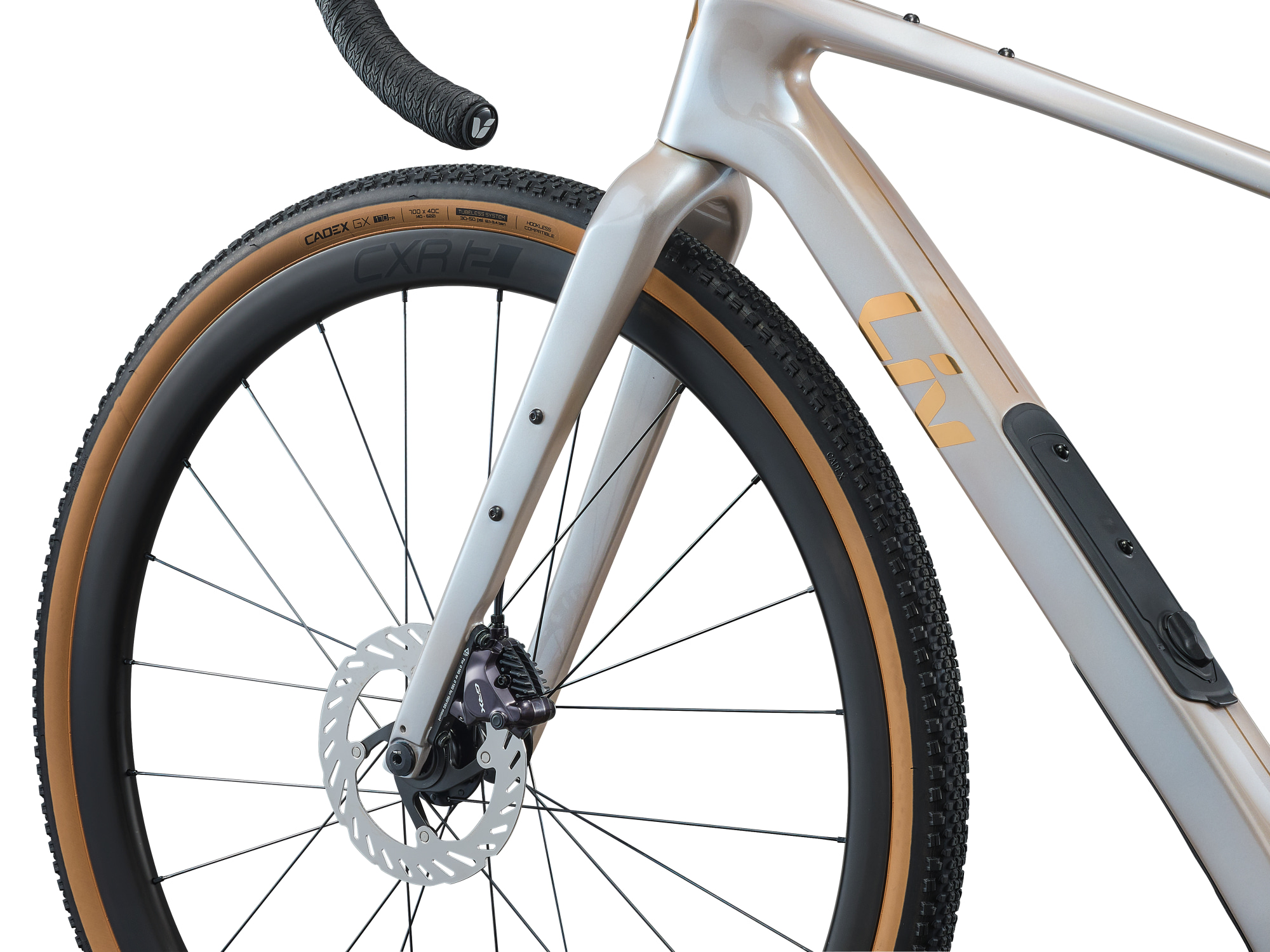 Liv Damen-Gravelbike Devote Advanced 0, Detailansicht Carbongabel und vorderer Rahmen mit Rahmenfach
