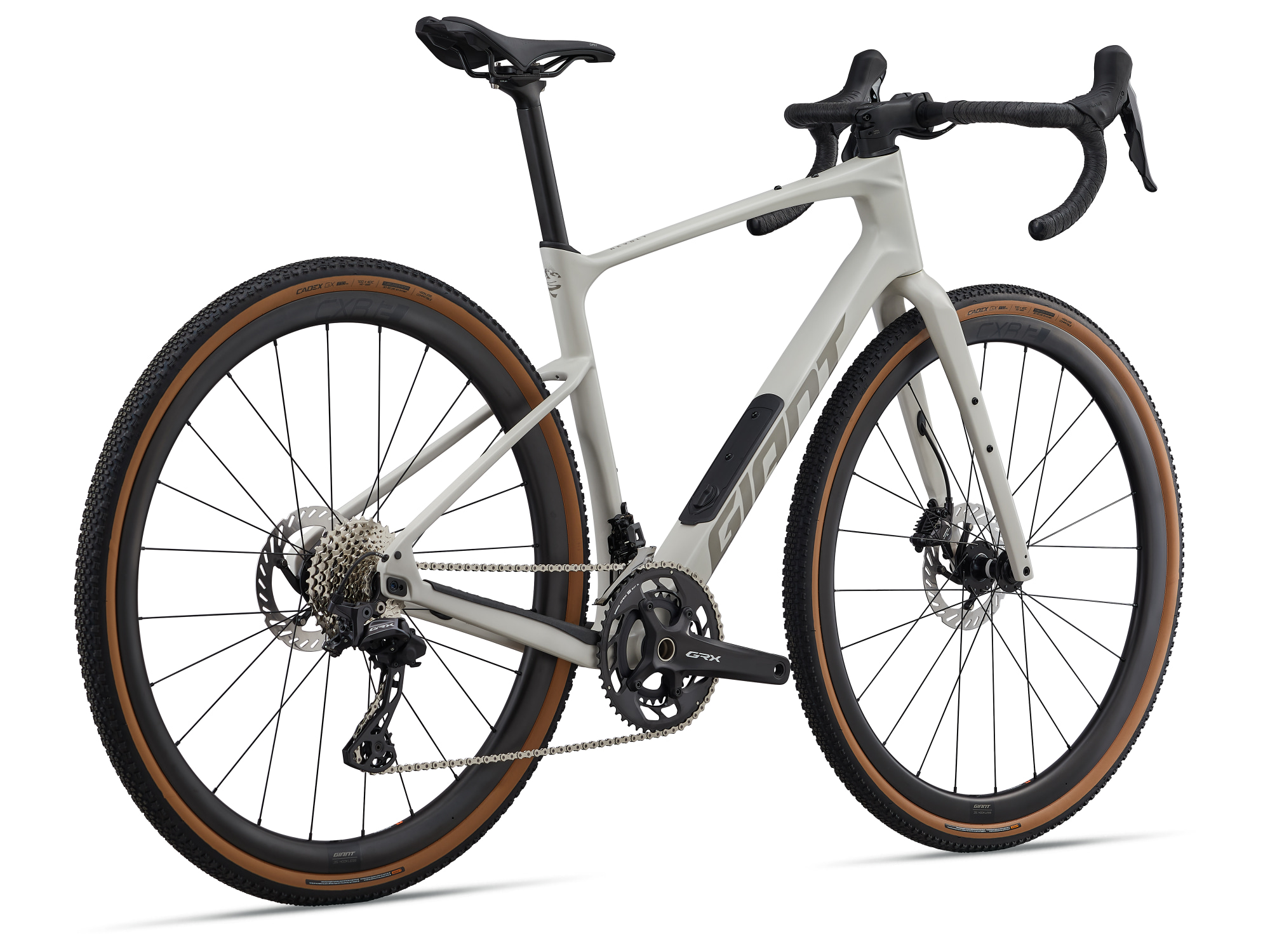 Gravelbike Giant Revolt Advanced 0 in weiss, Carbonrahmen und Gabel, Ansicht von schräg hinten