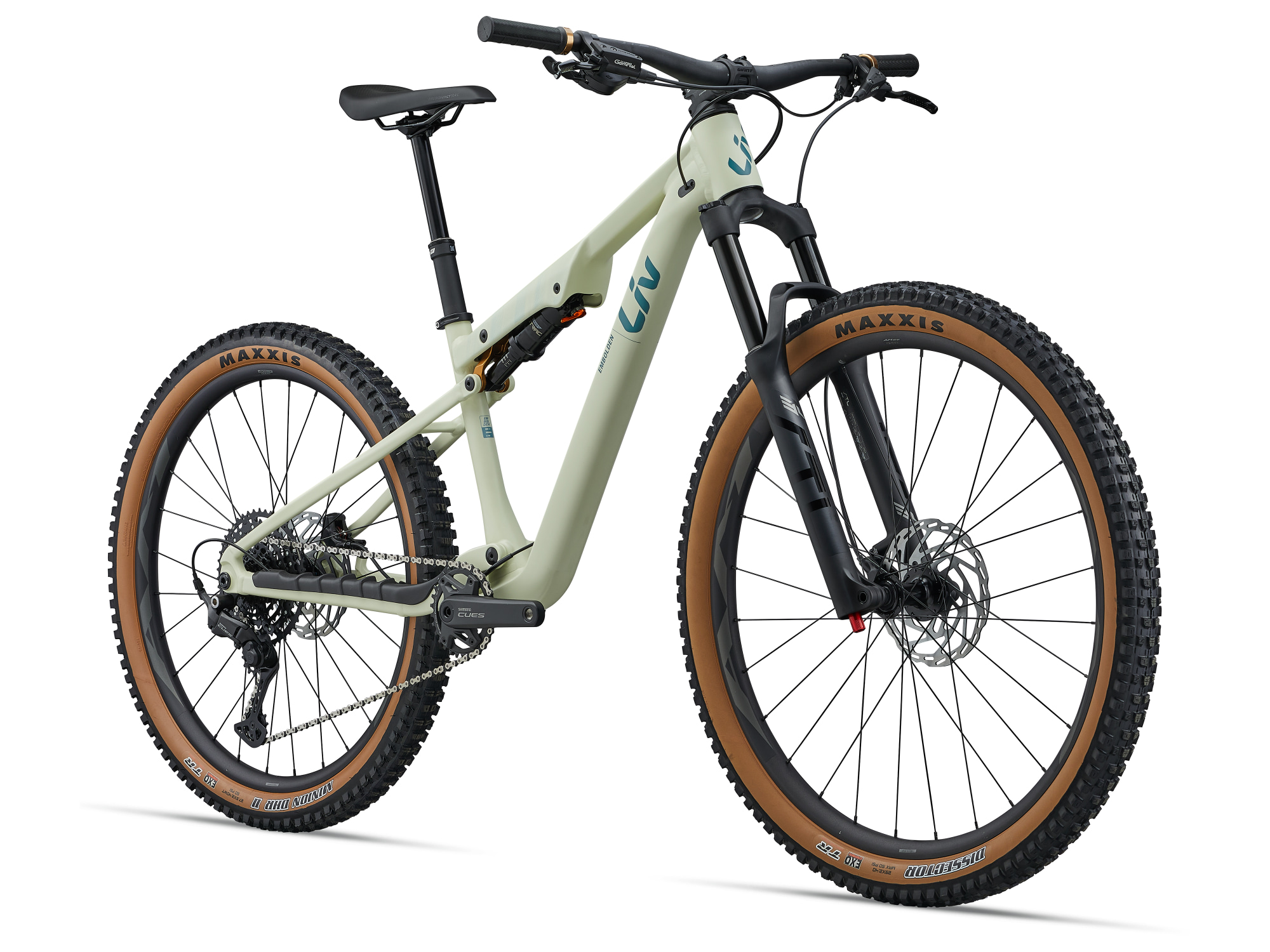 Liv Embolden Mountainbike in Pale Moss mit Federgabel und Stollenreifen in Dreiviertelansicht.