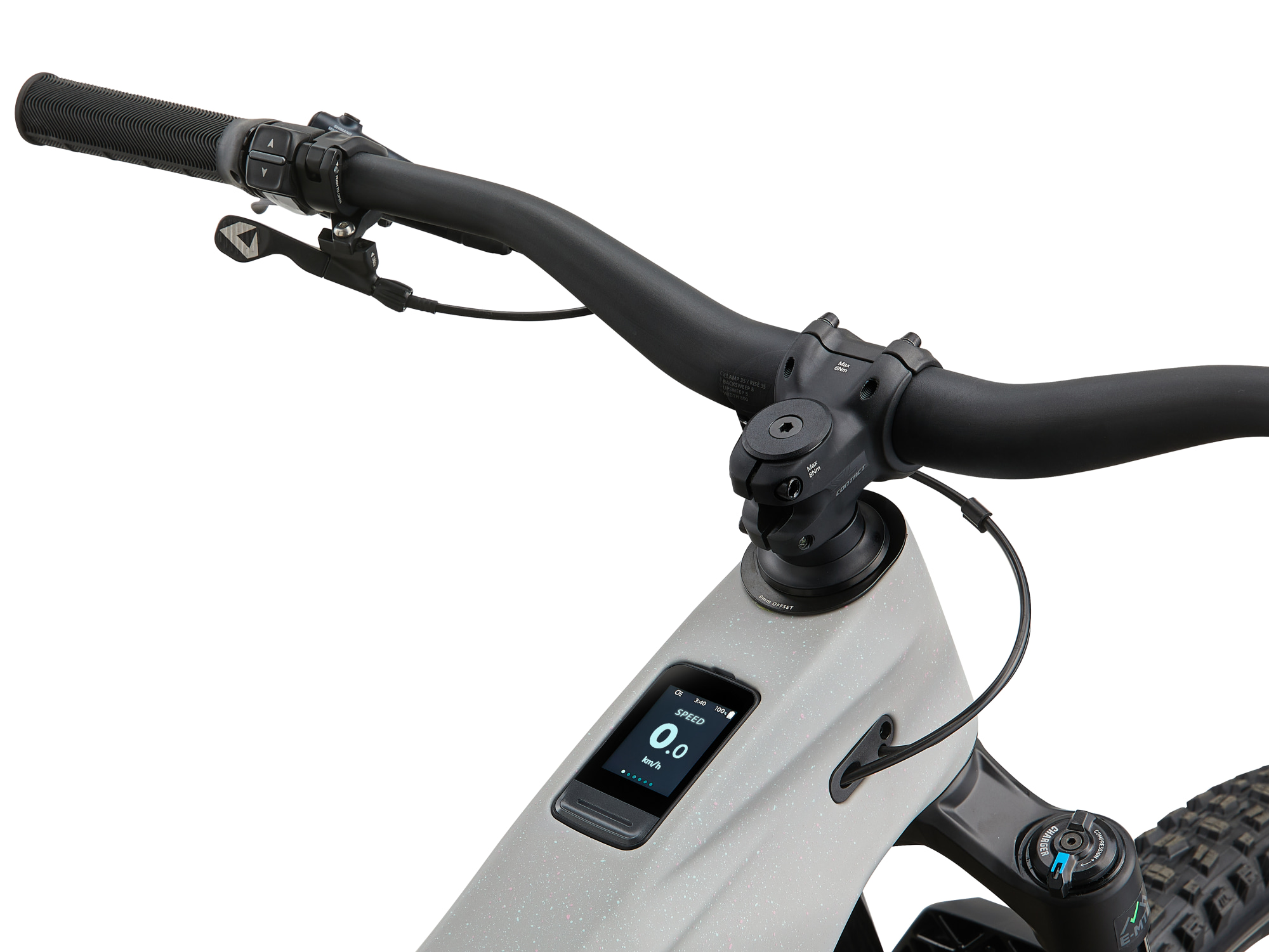 E-MTB Giant Reign Advanced E-Plus in hell grau,  Detailansicht Lenkeinheit mit Display im Oberrohr