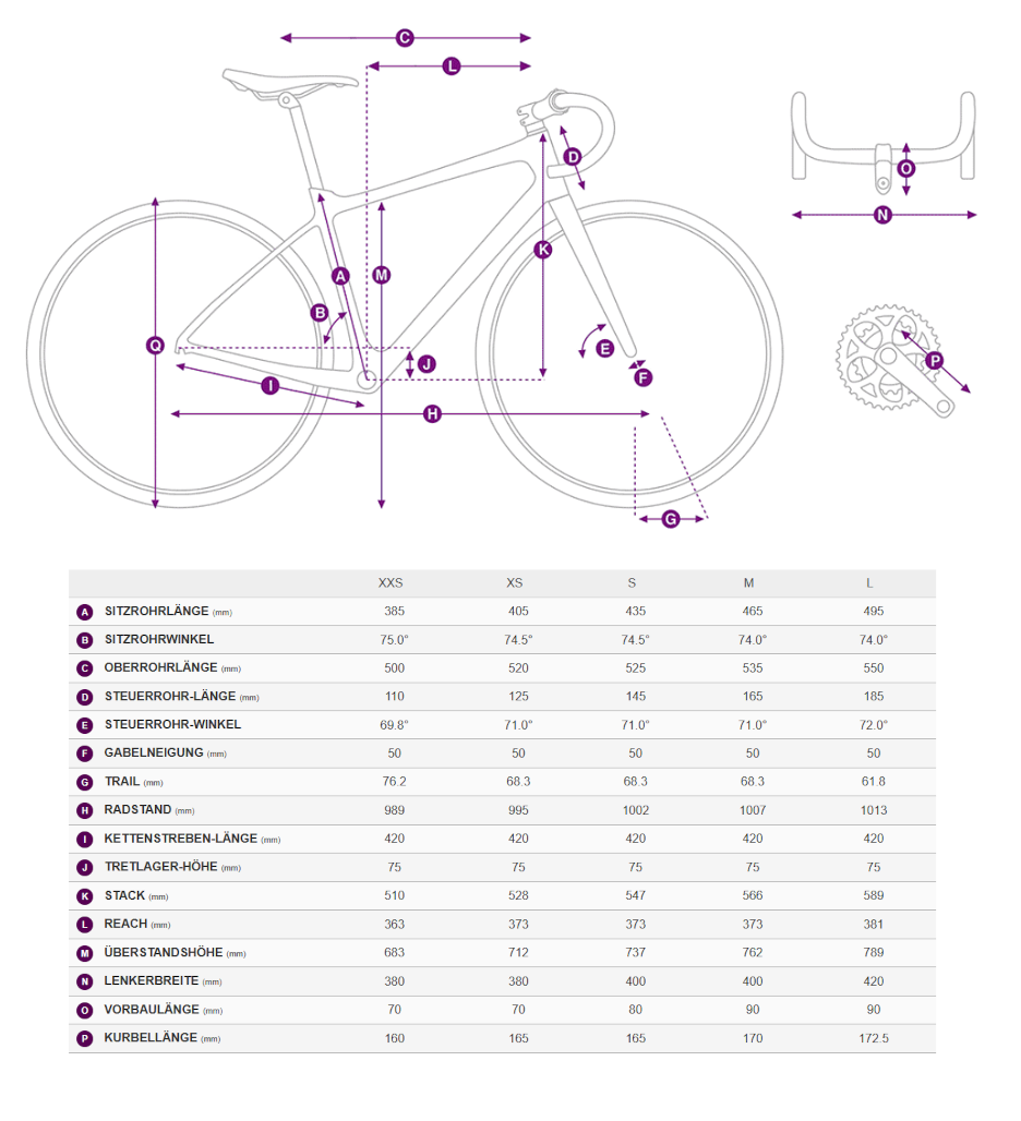 Geometriedaten in Tabellenform mit Legende für das LIV Avail Advanced Damen-Rennrad