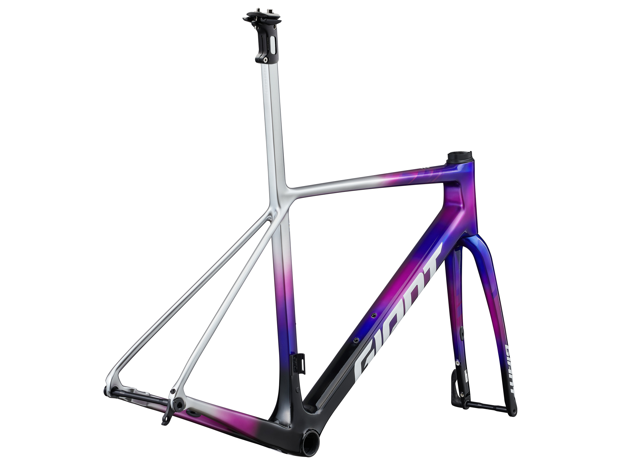 Giant Rennrad-Rahmen mit Gabel TCR Advanced SL Team aus Carbon mehrfarbig in silber, pink, lila, schwarz überlauffend, Anischt von schräg hinten
