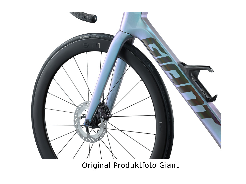 Giant Propel Advanced Pro 0 Di2 Aero-Rennrad in Blau-Lila mit Aero-Gabel und Scheibenbremse vorn.