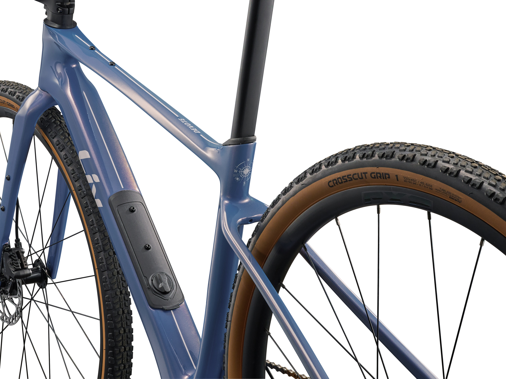 Liv Damen-Gravelbike  Devote Advanced 2 , Detailansicht von hinten auf den blauen Rahmen mit Sicht auf das Rahmenfach im Oberrohr