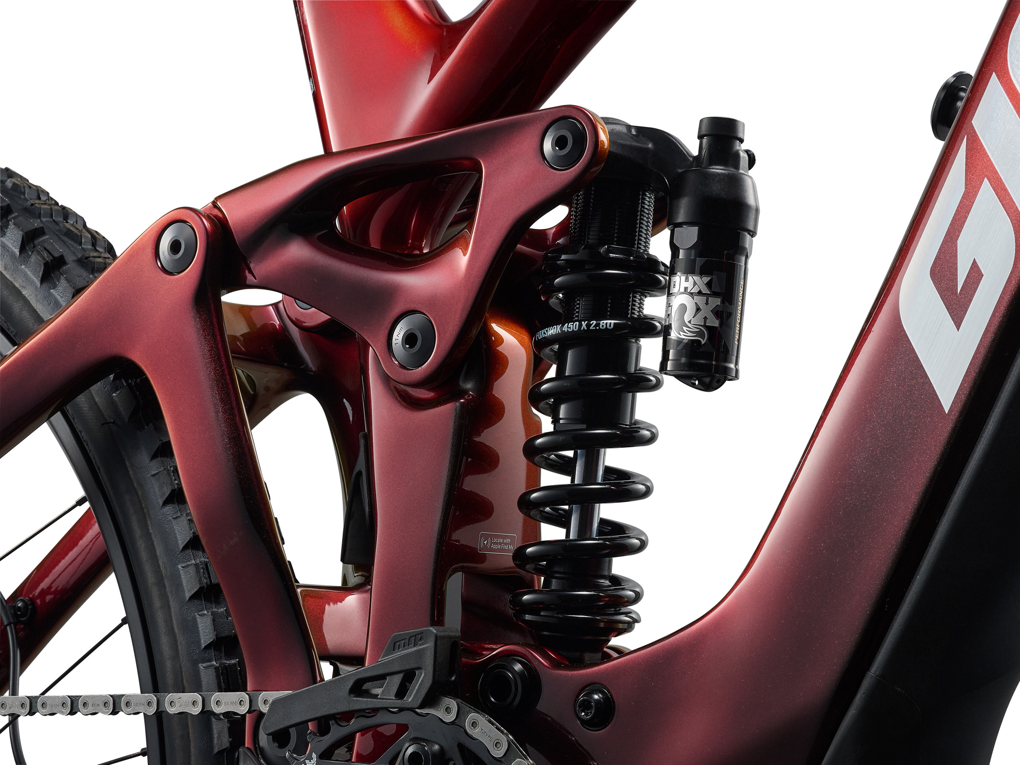 Giant Reign Advanced E+ 1 E-Mountainbike in Mars Dust mit FOX Stahlfederdämpfer und Hinterbau.