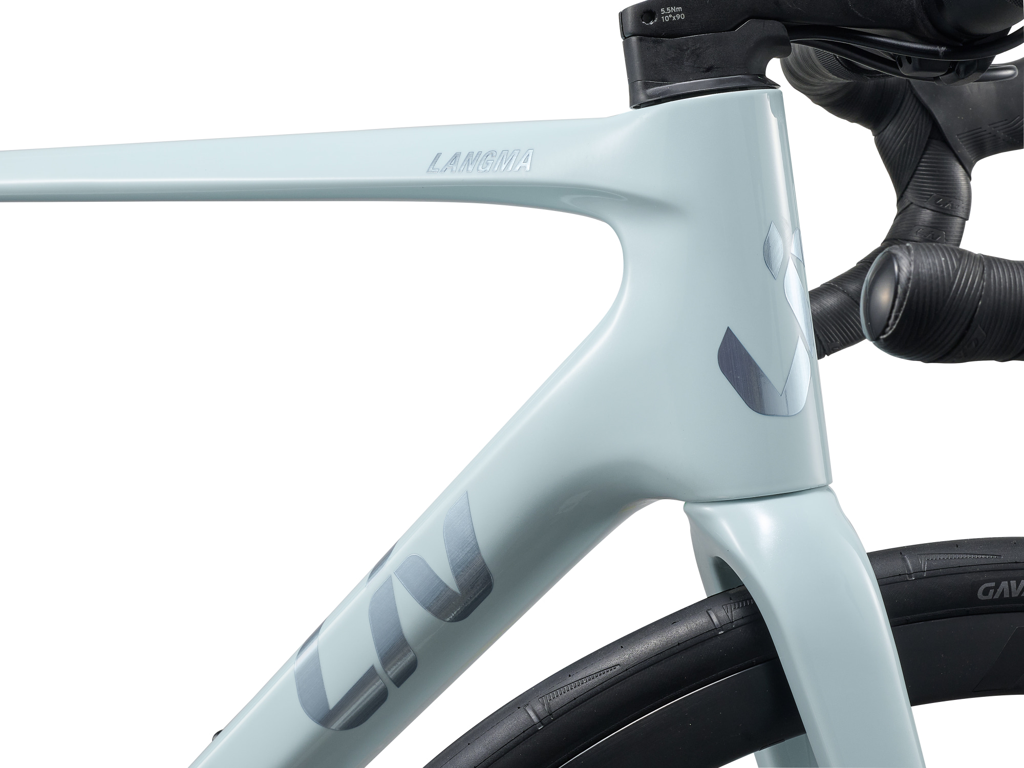 Liv Langma Advanced 1 Rennvelo in Morning Haze mit Langma-Schriftzug und integriertem Cockpit.