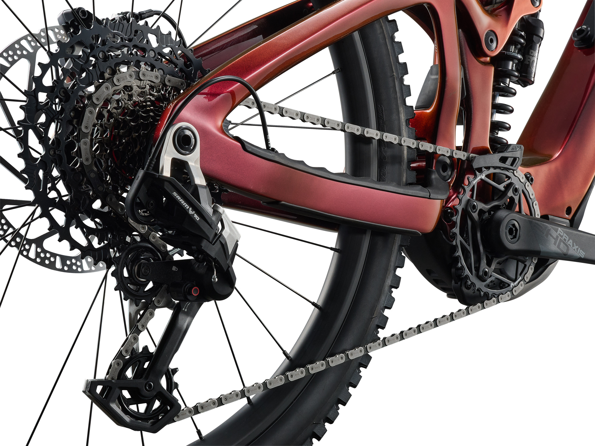 Giant Reign Advanced E+ 1 E-Mountainbike in Mars Dust mit SRAM Schaltwerk und grosser Kassette.