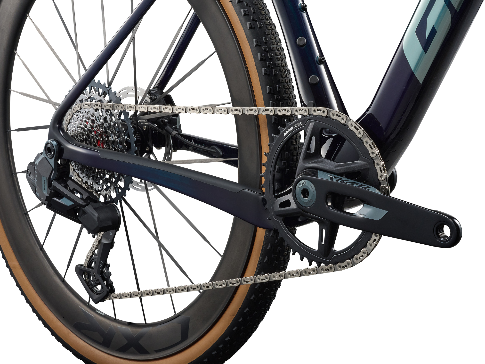 Giant Revolt Advanced SL 2 Gravelbike in Dunkelblau mit Kurbel und Antrieb in seitlicher Detailansicht