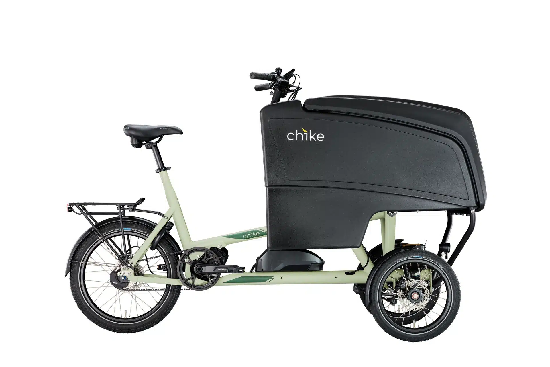 chike E‑Cargo Pro Lastenrad in Schwarz matt in Seitenansicht.