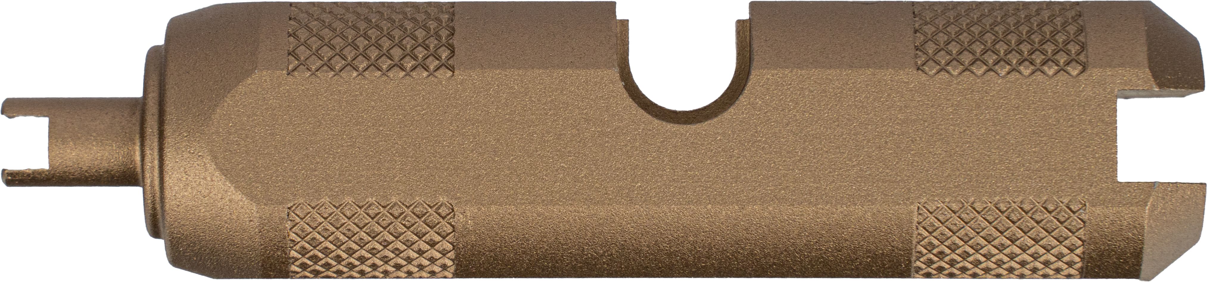 Detailansicht des Topeak Ventil-Werkzeugs Team Issue mit strukturierten Griffflächen und drei integrierten Ventilwerkzeugen.