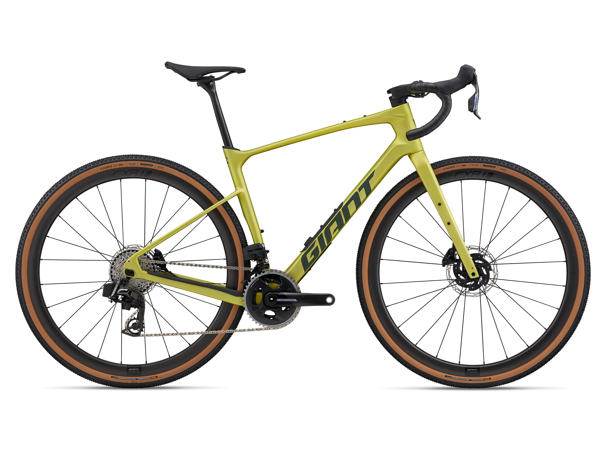 Giant Revolt Advanced PRO 0 Gravelbike aus Carbon in lime-grün mit dunkelgrüner Aufschrifft, schwarzen Komponenten und schwarz-braunem Reifen