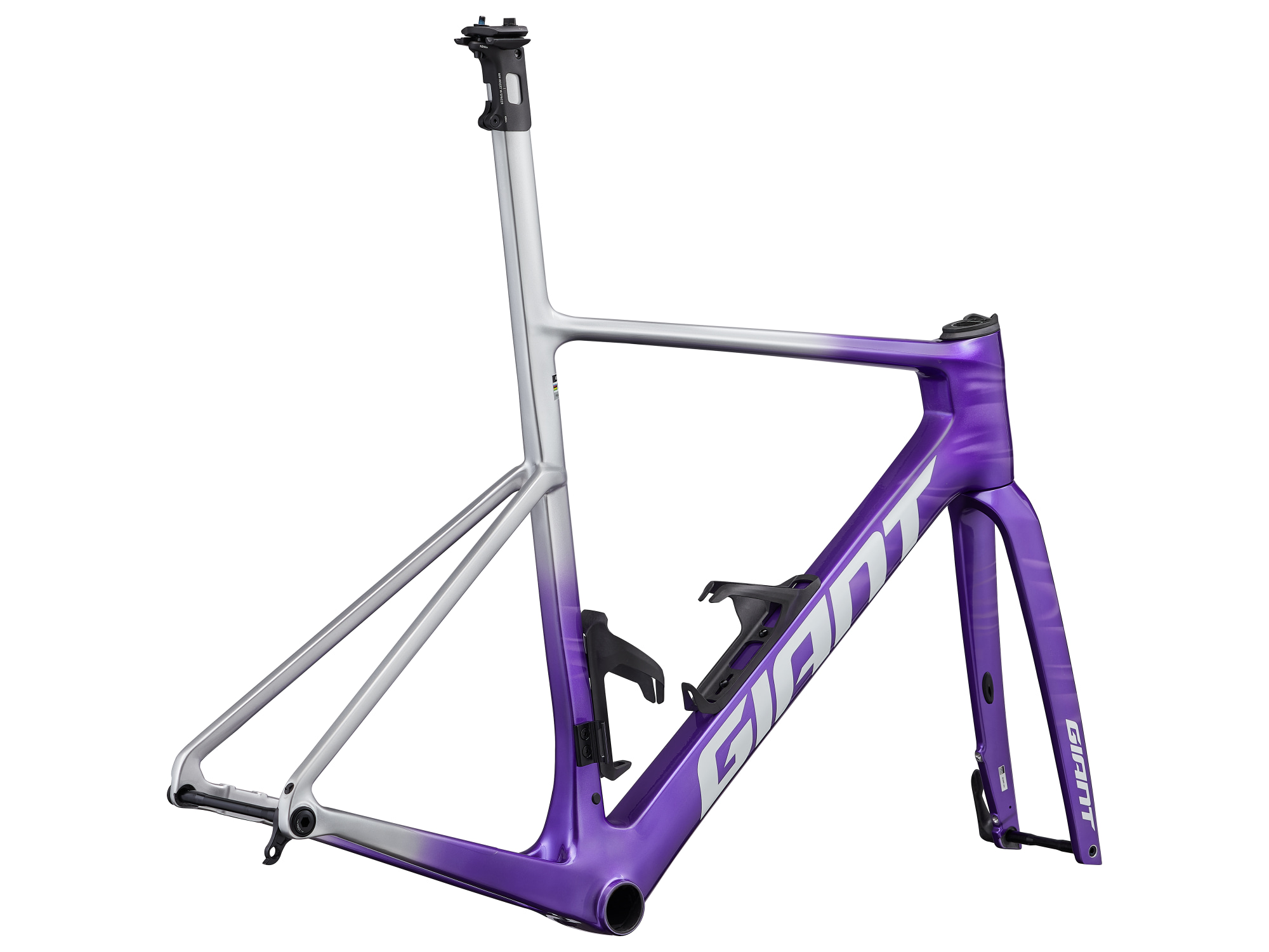 Giant Propel Advanced SL Frameset in Lila-Silber mit Aero-Design und montierten Flaschenhaltern.