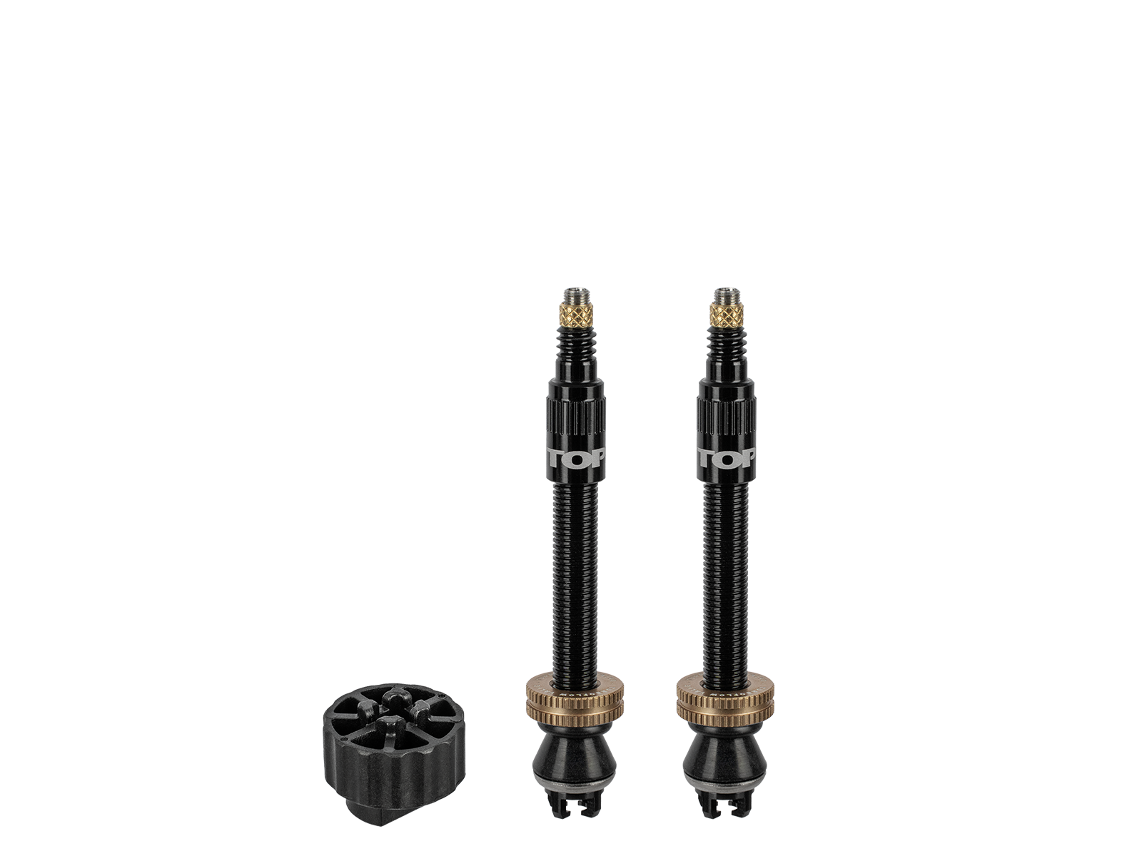  Zwei schwarze Tubeless-Ventile mit goldfarbenen Rändelmuttern und Ventilkappen, daneben ein kleines schwarzes Werkzeug zur Ventilmontage, auf weißem Hintergrund.