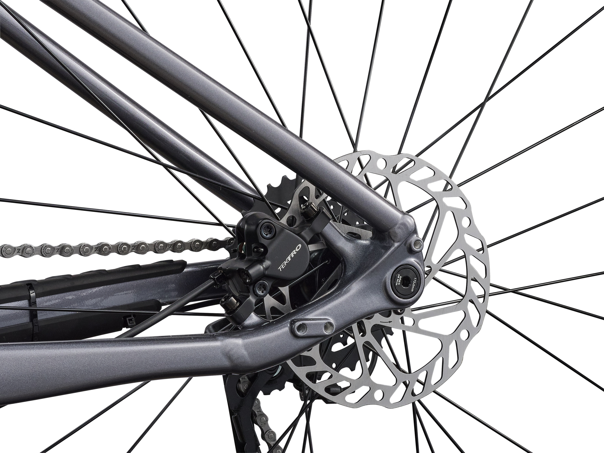 Giant Talon 3 Hardtail-Mountainbike in Liquid Metal mit Scheibenbremse am Hinterrad in Detailansicht.