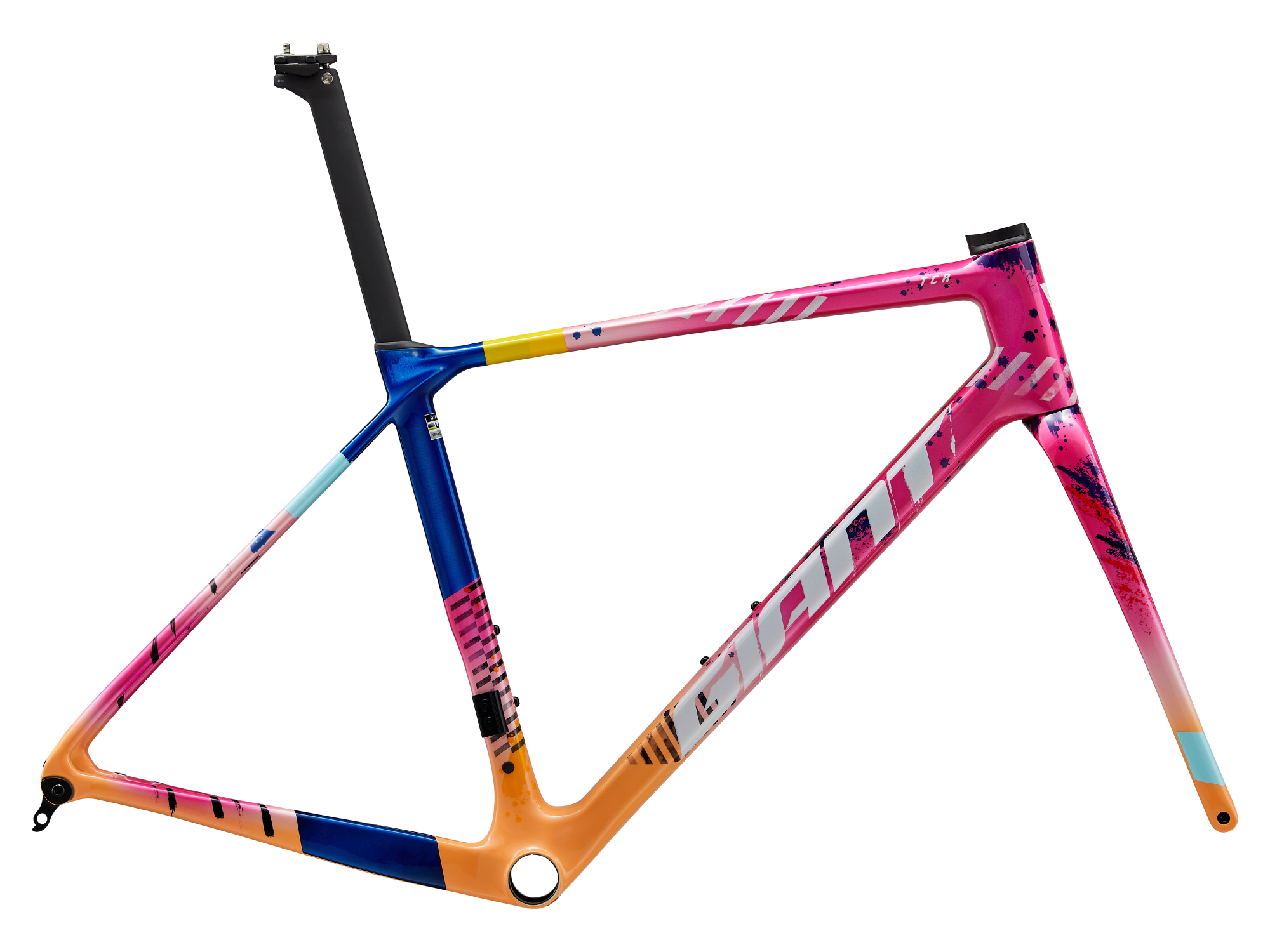 Giant Rahmendset TCR-Advanced aus Carbon mit Gabel und Sattelstütze, Farbe pink,,orange, blau, gelb gemustert, Seitenansicht