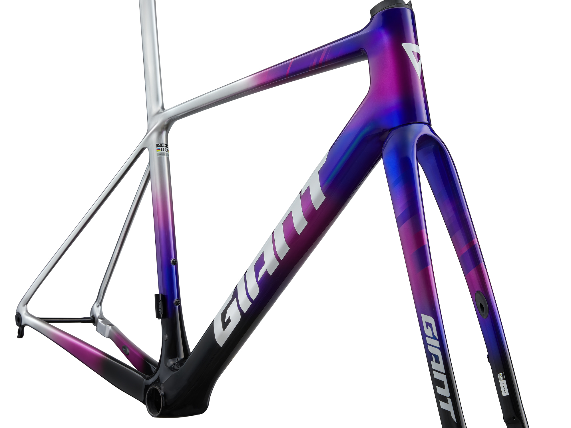 Giant Rennrad-Rahmen mit Gabel TCR Advanced SL Team aus Carbon mehrfarbig in silber, pink, lila, schwarz überlauffend, Detailansicht Steuerkopf