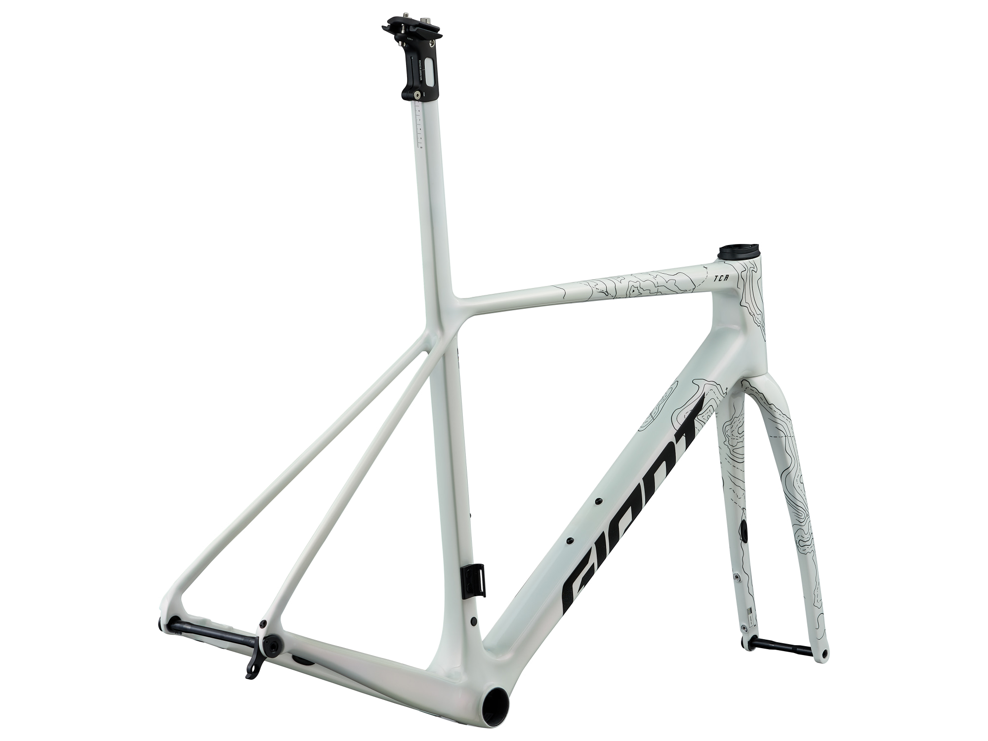 Giant Rennrad-Rahmen und Gabel, TCR Advanced SL aus Carbon in weiss mit schwarzer Aufschrifft und geographischen Linien, Ansicht von schräg hinten