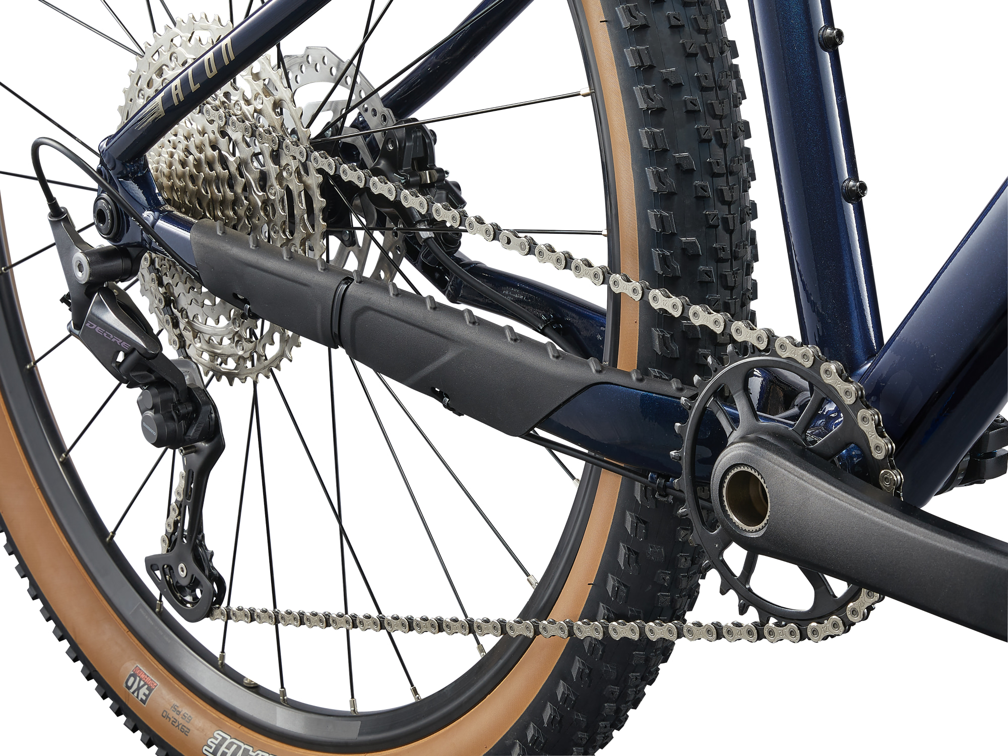 Giant Mountainbike Hardtail Talon 0 in navy blue, Detailansicht auf Hinterbau mit Schaltung und Rahmenschutz