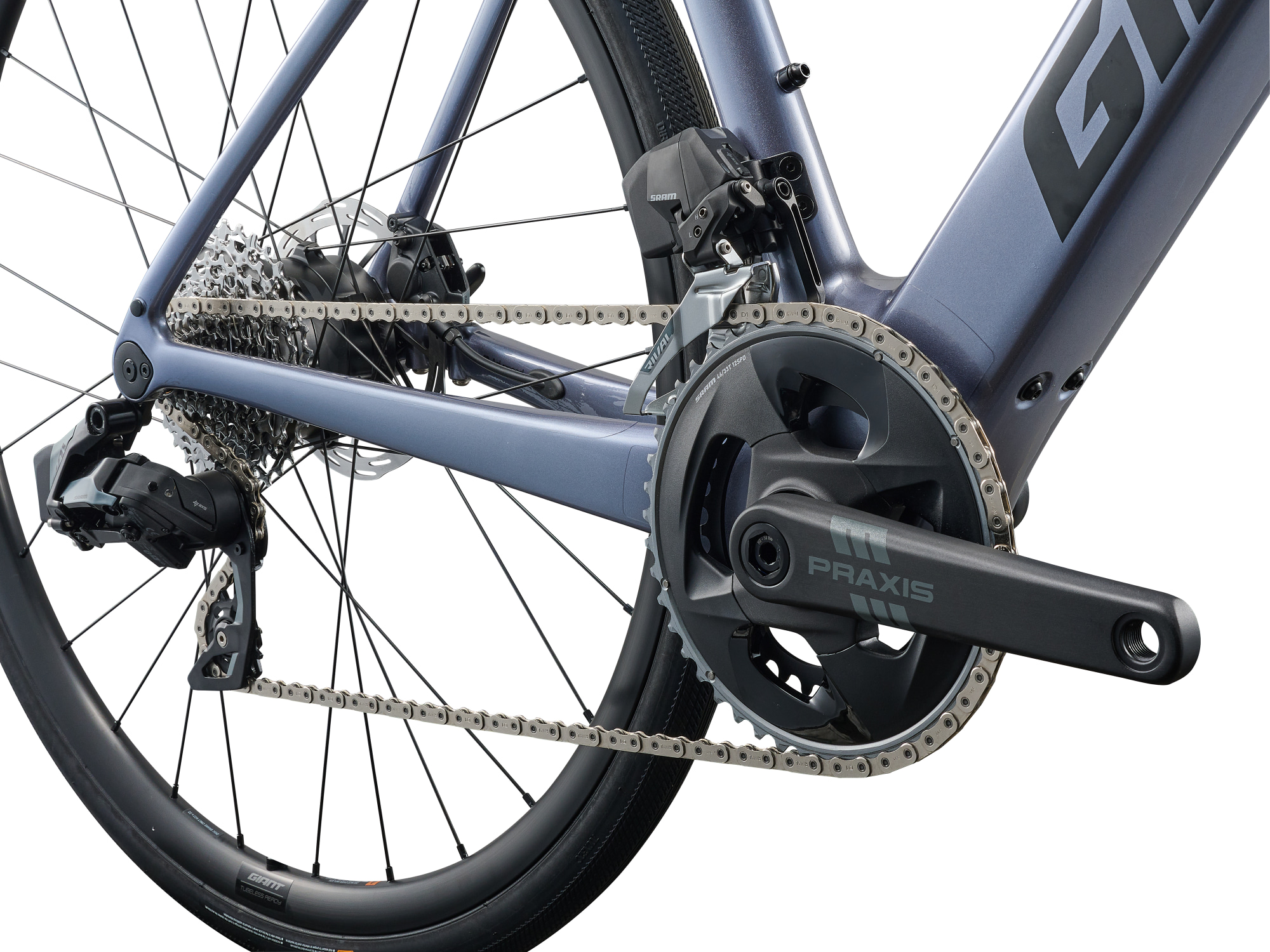 Giant Defy Advanced E+ Elite 2, E-Rennrad mit Carbonrahmen in silber, Detailansicht Antrieb und Schaltung