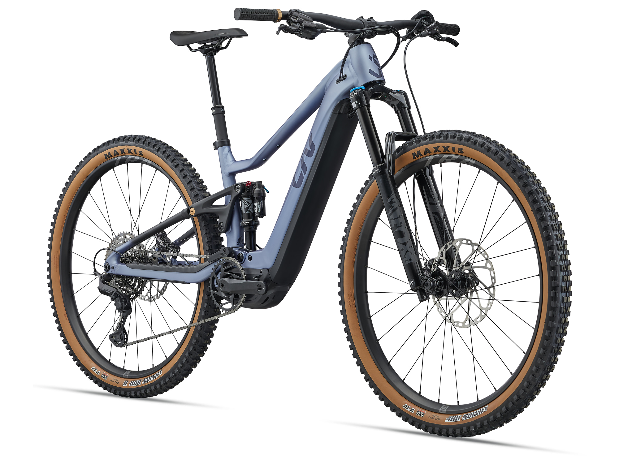 Liv Embolden E+ 0 E-Mountainbike in Atmosphere Black in Seitenansicht.