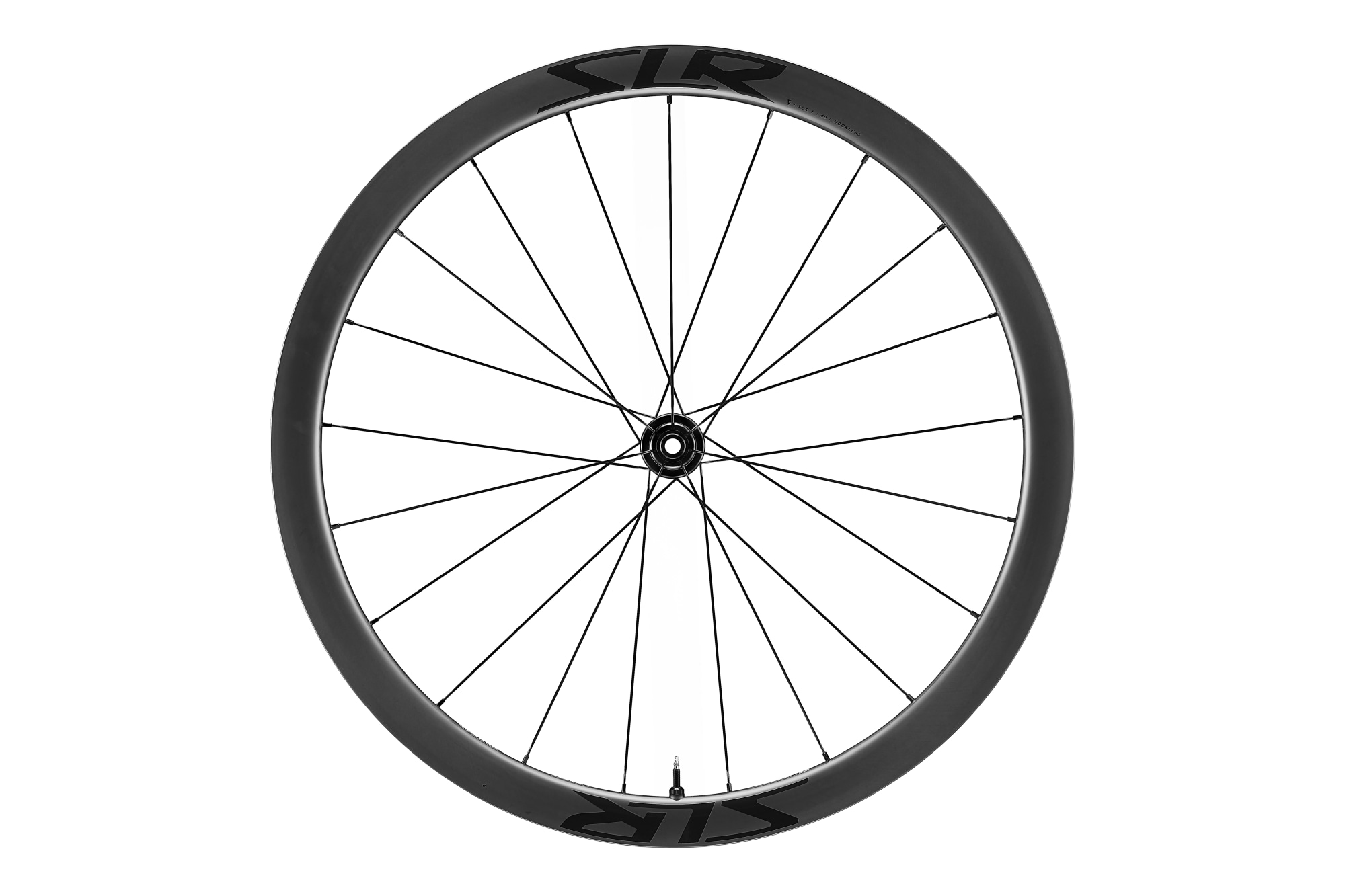 Giant SLR 1 40 Disc Vorderrad in Schwarz, Frontansicht mit Aero-Carbonfelge und Disc-Aufnahme.