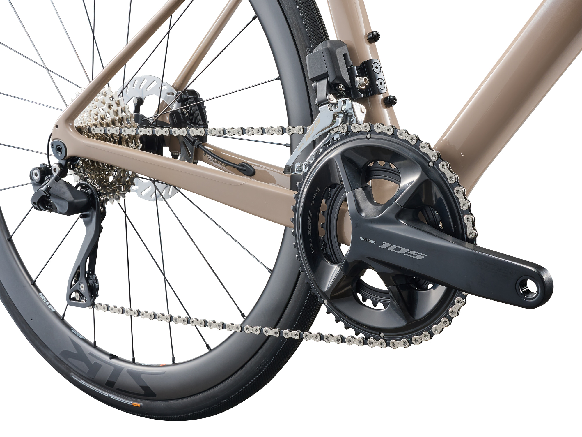 Liv Rennrad für Damen, Avail Advanced 0 mit Carbon-Rahmen und -Gabel in silber-hellem cremefarben, Detailansicht Hinterbau