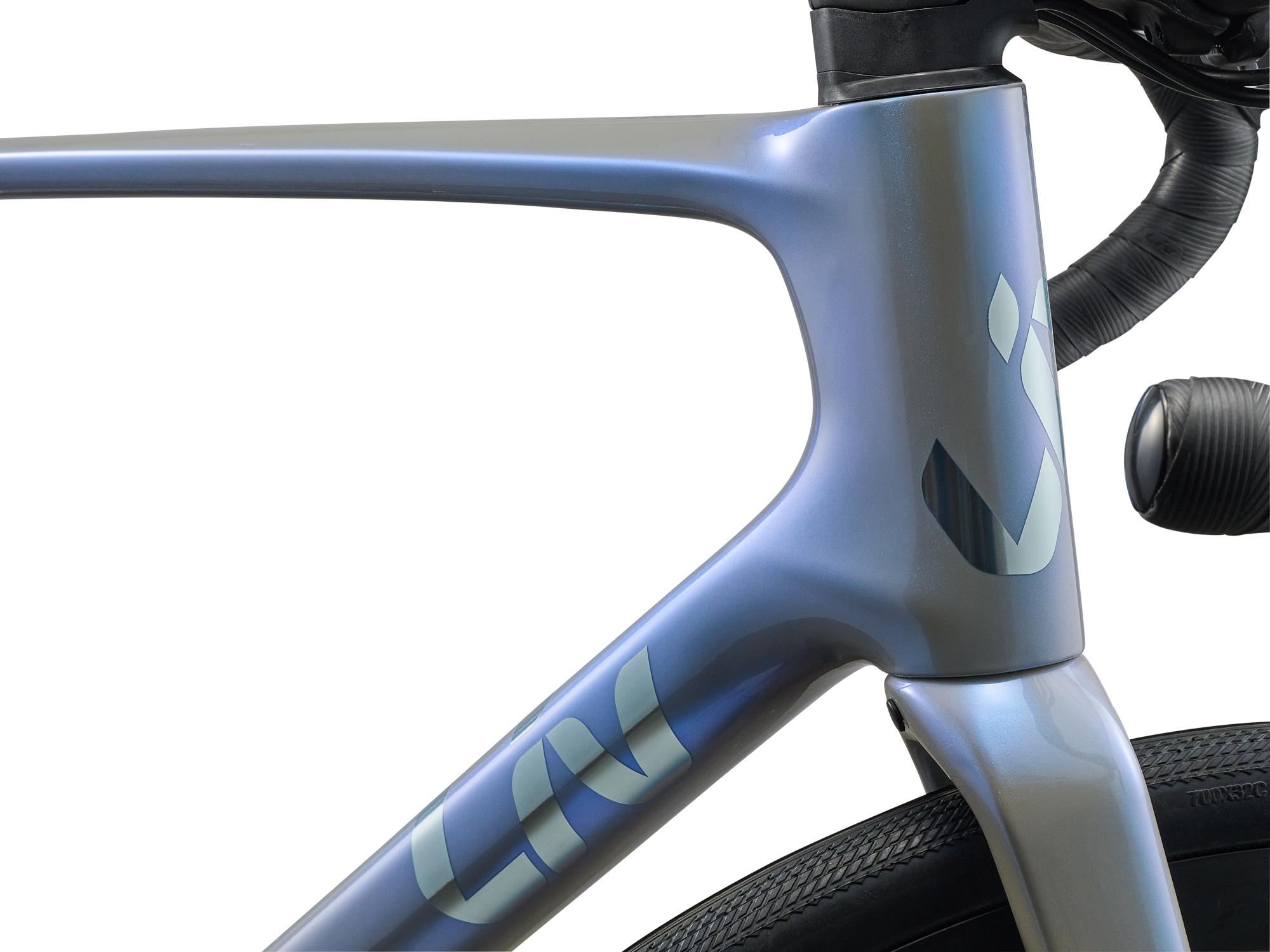 Liv Damen-Rennrad Avail Advanced 2 aus Carbon mit Carbon-Gabel und Carbon-Laufrädern in hellblau/grau, Detailansicht Steuerrohr