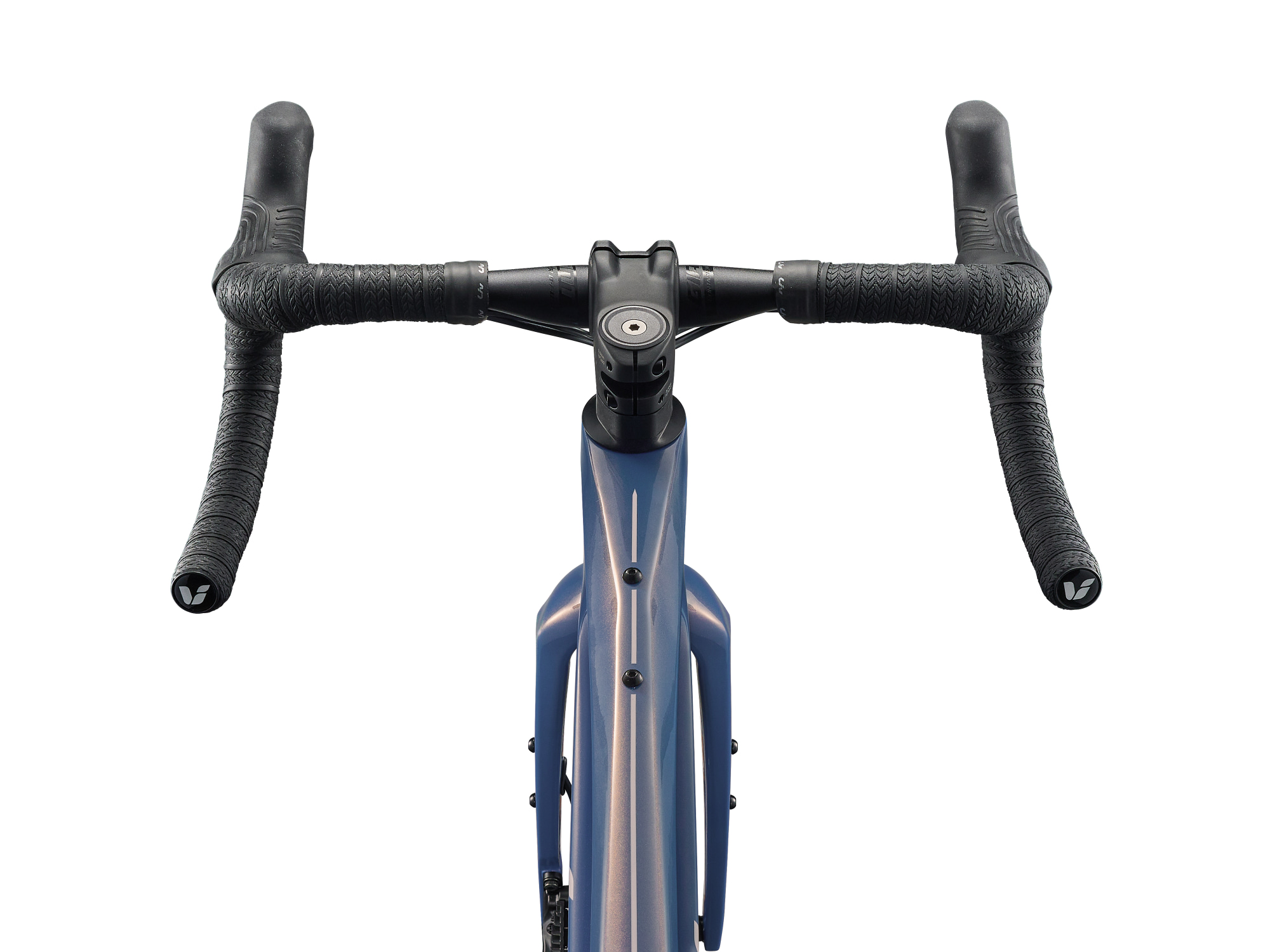 Liv Damen-Gravelbike  Devote Advanced 2, Detailansicht von oben auf den Lenker und den vorderen Bereich des blauen Carbonrahmens