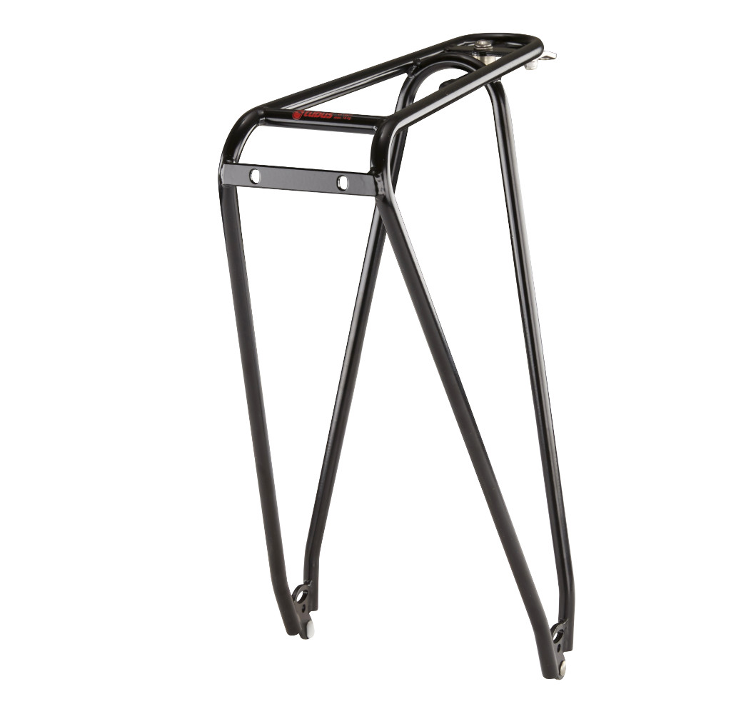 Fahrradgepäckträger Tubus Fly Classic in schwarz. Schmales Design mit 2 Abwärtsstreben pro Seite, von Hinten mit Sicht auf das Aufnahmeblech für das Rücklicht