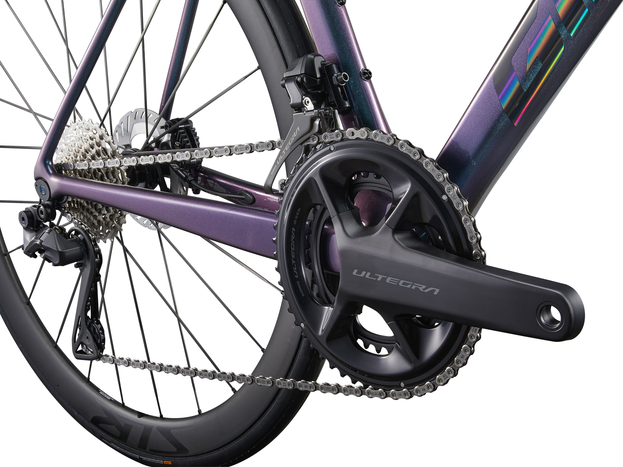 Giant TCR Advanced SL 1 Carbon Rennrad in blau/lila changierend, Detailansicht Antrieb und Schatung