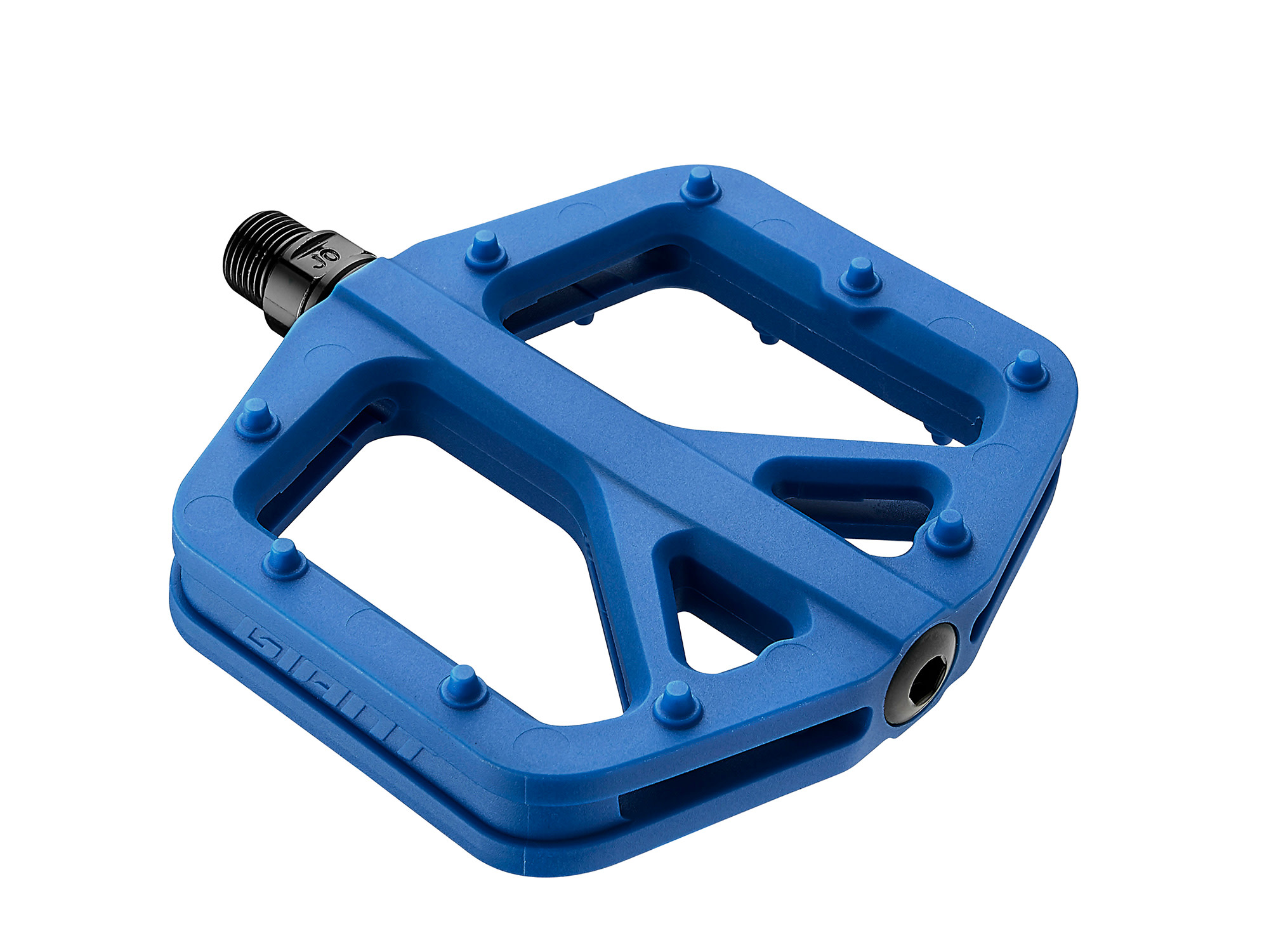 Giant Pinner Comp Flat Pedal in Blau mit breiter Plattform und griffigen Pins in Detailansicht.