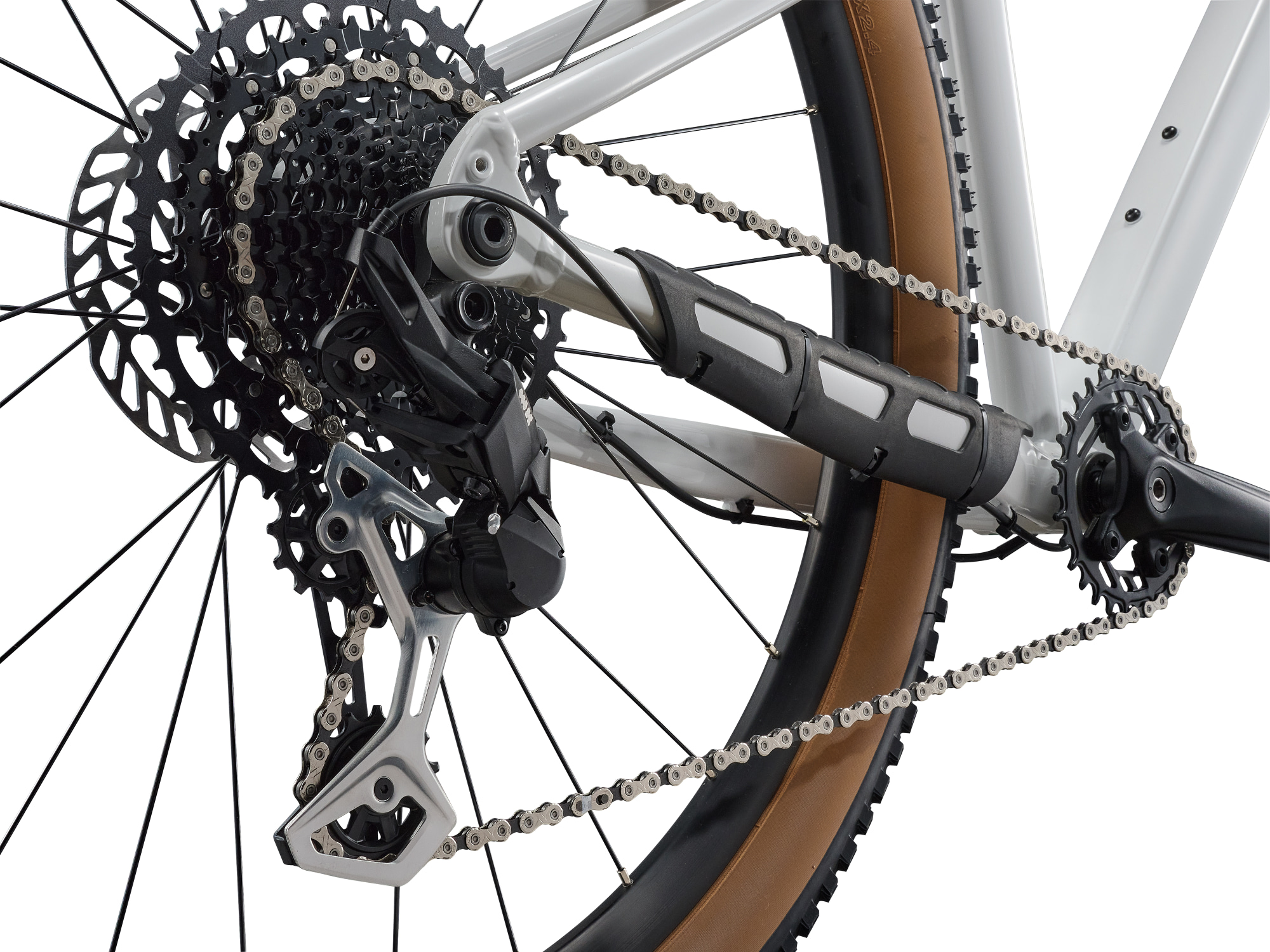 Liv Tempt 1 Hardtail-Mountainbike mit 1x-Antrieb, grosser Kassette und Kettenstrebenschutz im Detail.